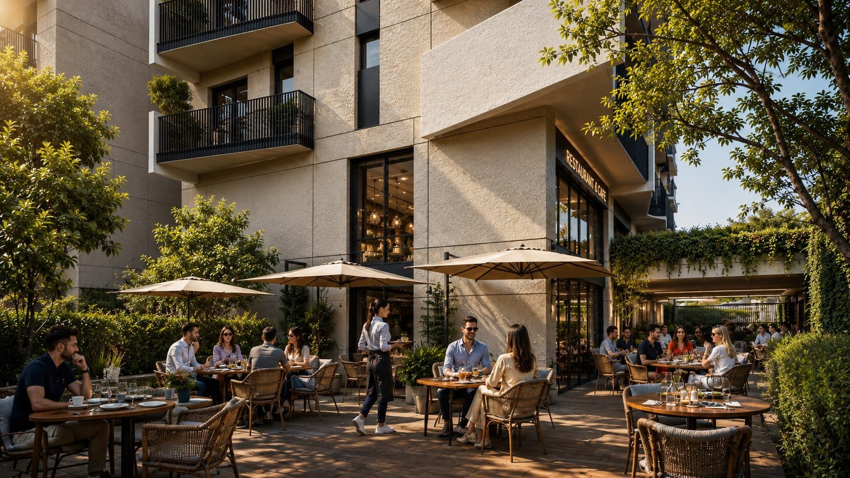 Outdoor cafe and restaurant seating under trees beside a residential block