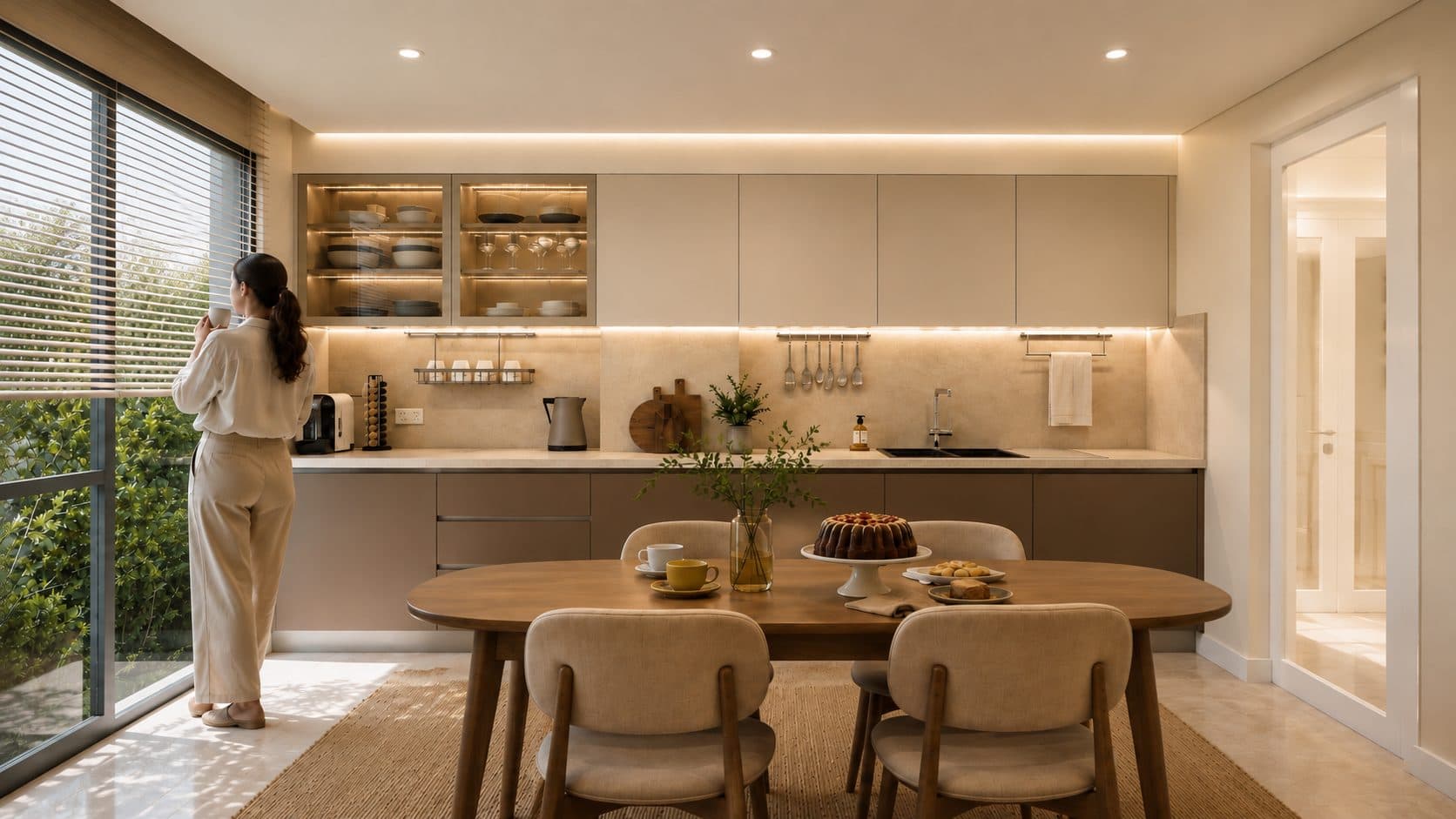 Kitchen with beige cabinets, a wooden dining table and a large window onto greenery
