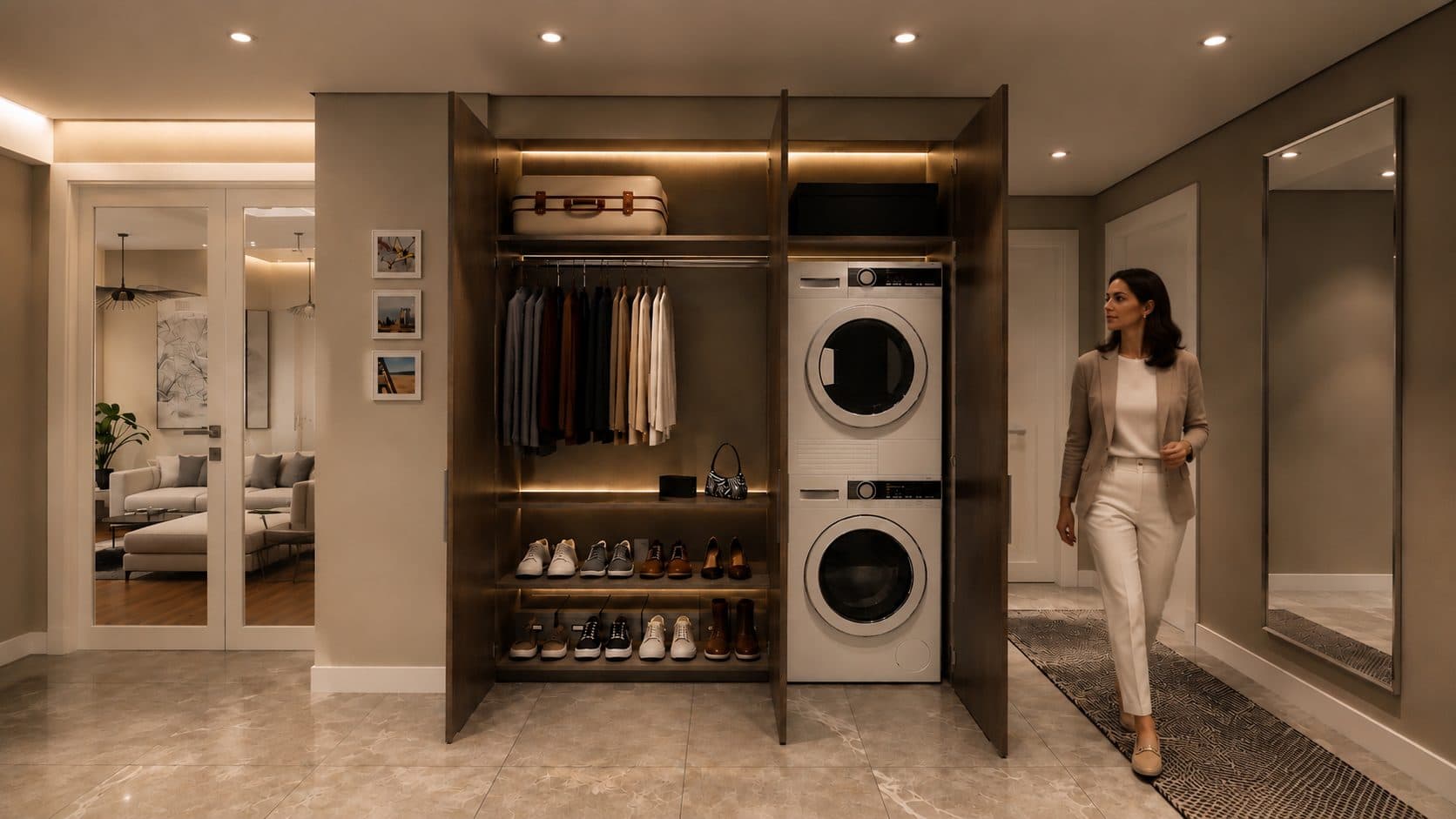 Apartment entrance hall with a built-in wardrobe that houses a stacked washer and dryer