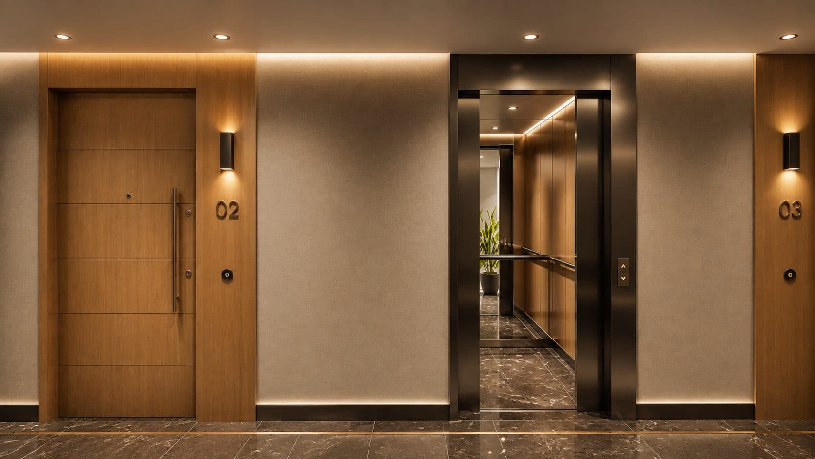 Floor lobby with wood-paneled apartment doors and an elevator