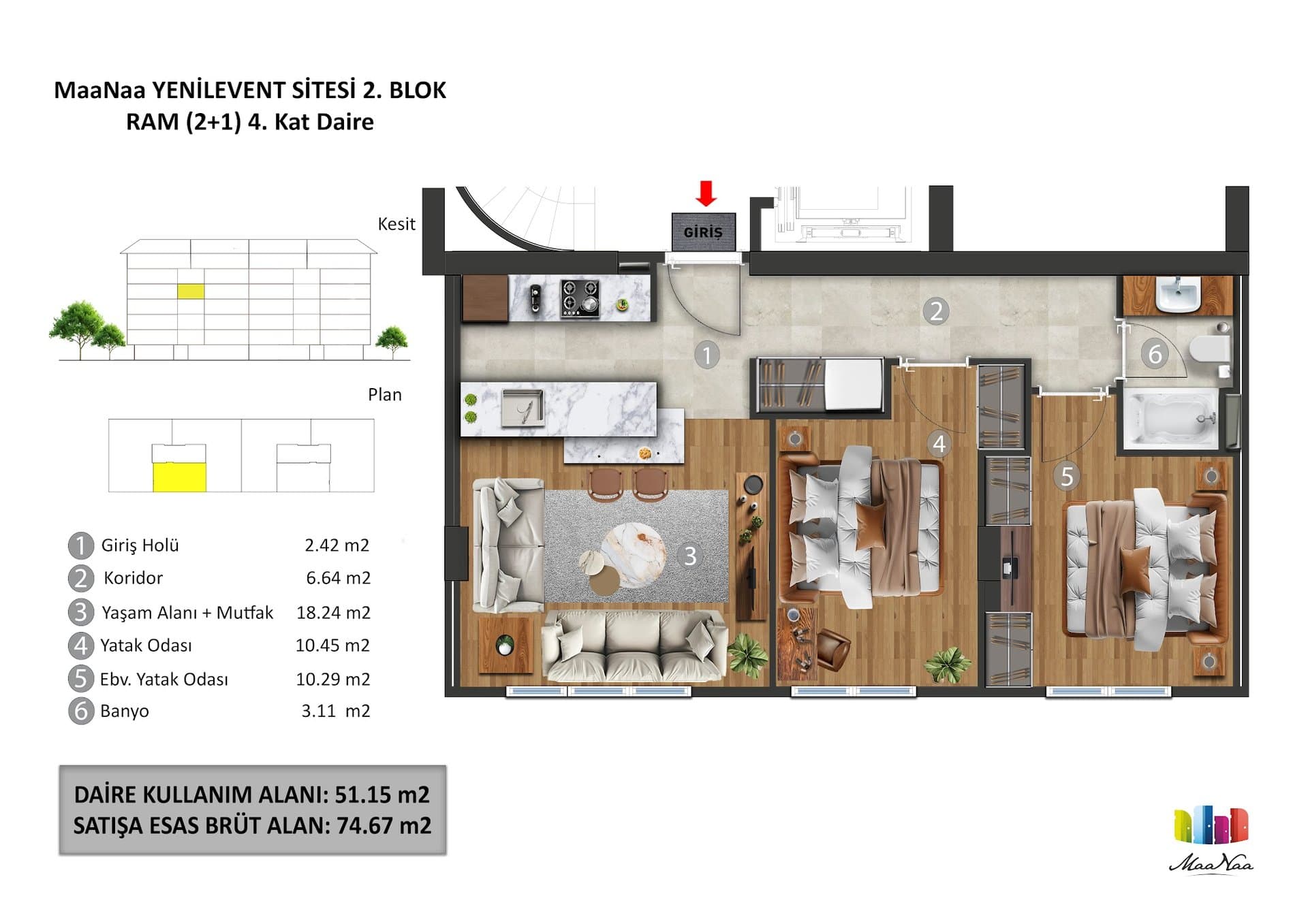 MaaNaa Levent Project – 2+1 Standard Floor, Block 2 floor plan