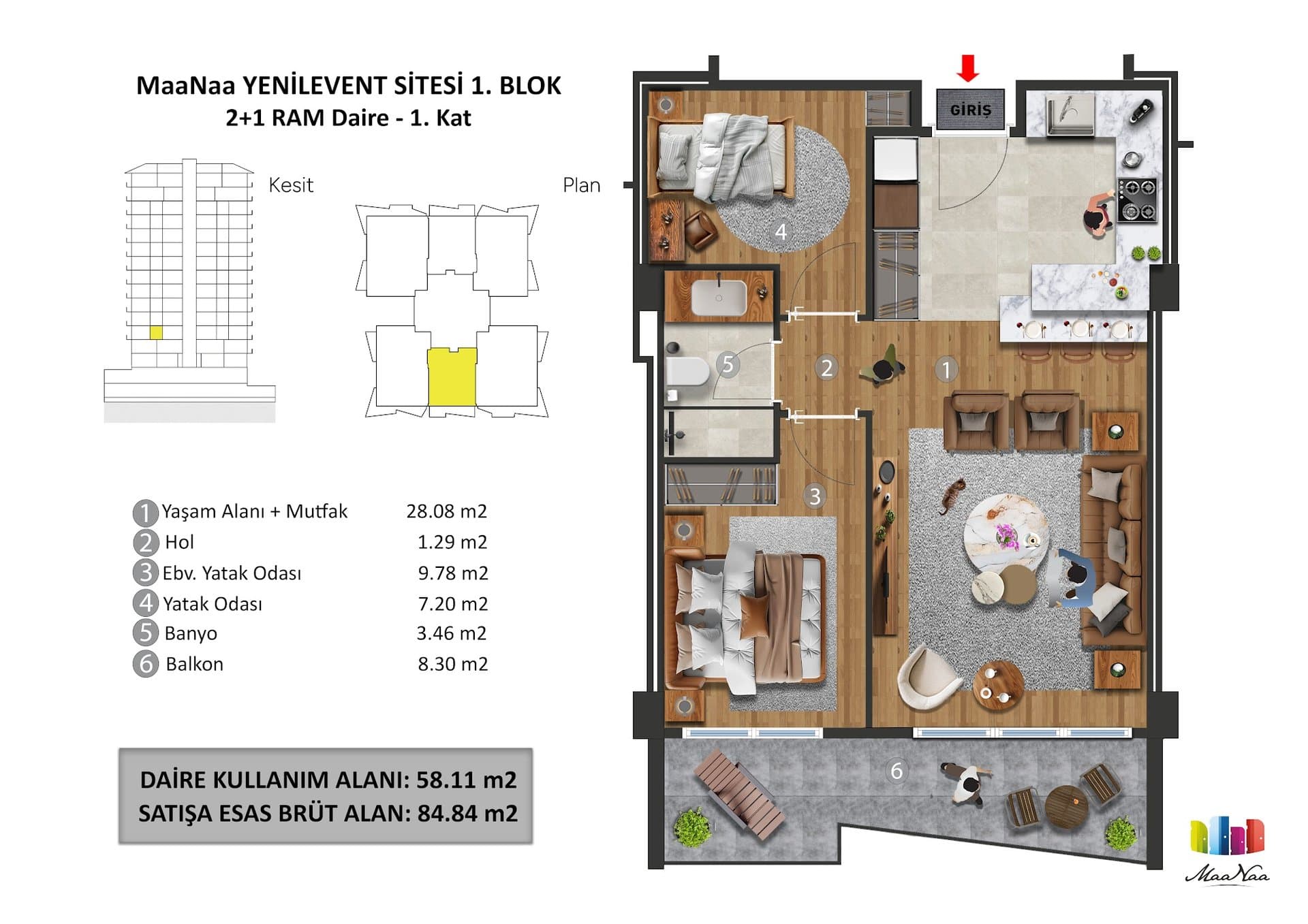MaaNaa Levent Project – 2+1 Type B, Block 1 floor plan