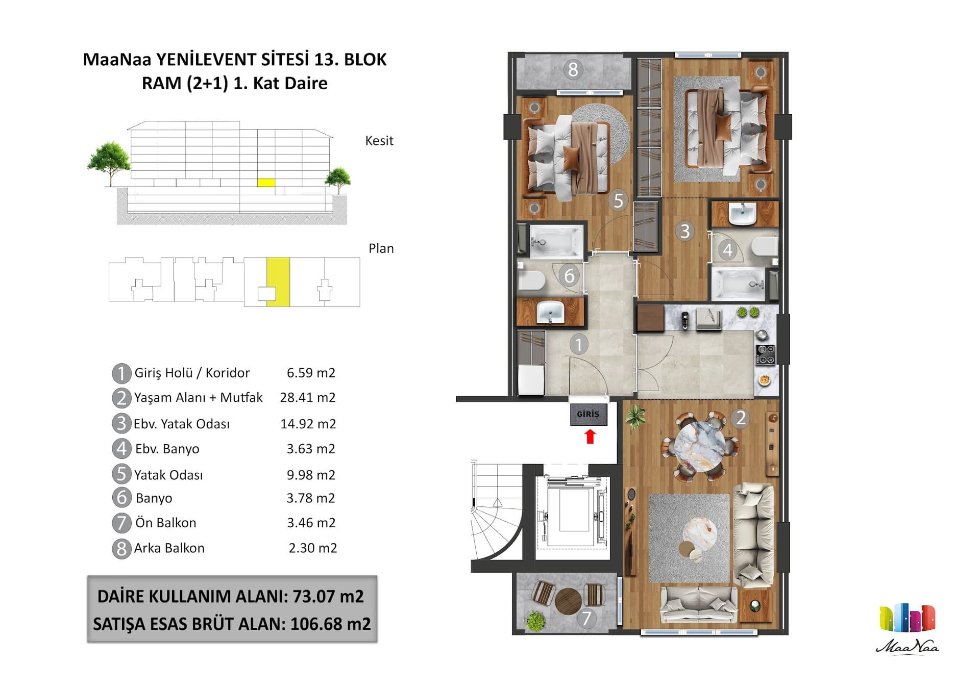 MaaNaa Levent Project – 2+1 Standard Floor, Block 13 floor plan