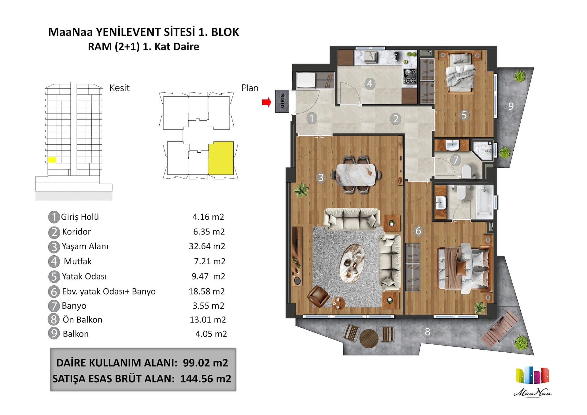 MaaNaa Levent Project – 2+1 Type C, Block 1 floor plan