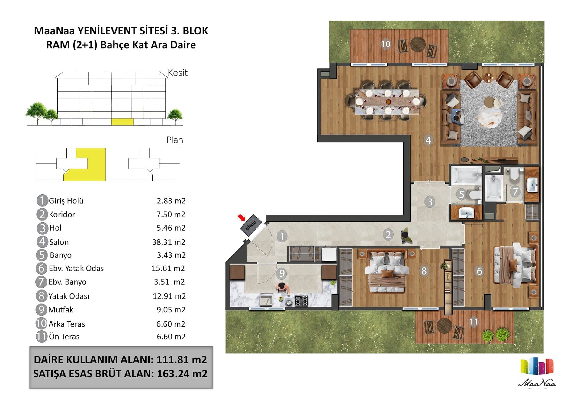 MaaNaa Levent Project – 2+1 Garden Floor, Block 3 floor plan