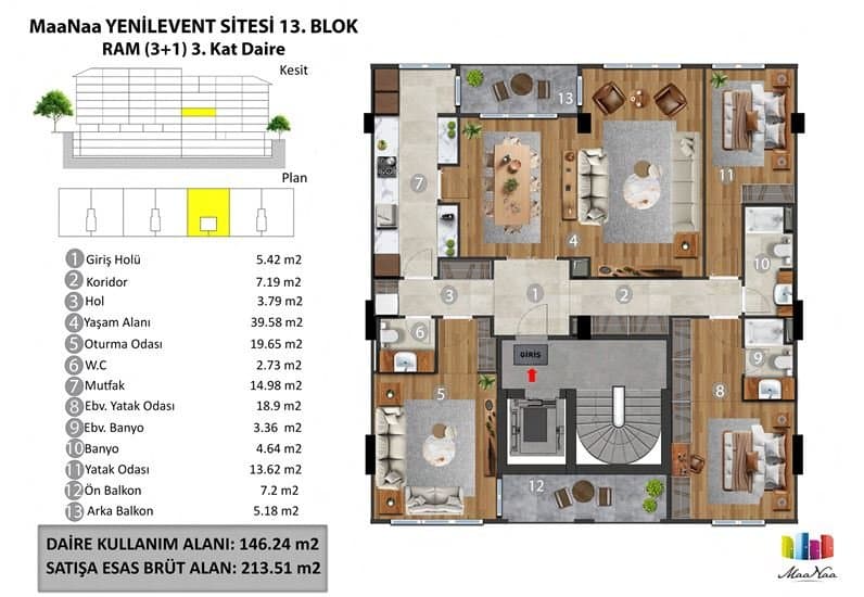 MaaNaa Levent Project – 3+1 Standard Floor, Block 13 floor plan