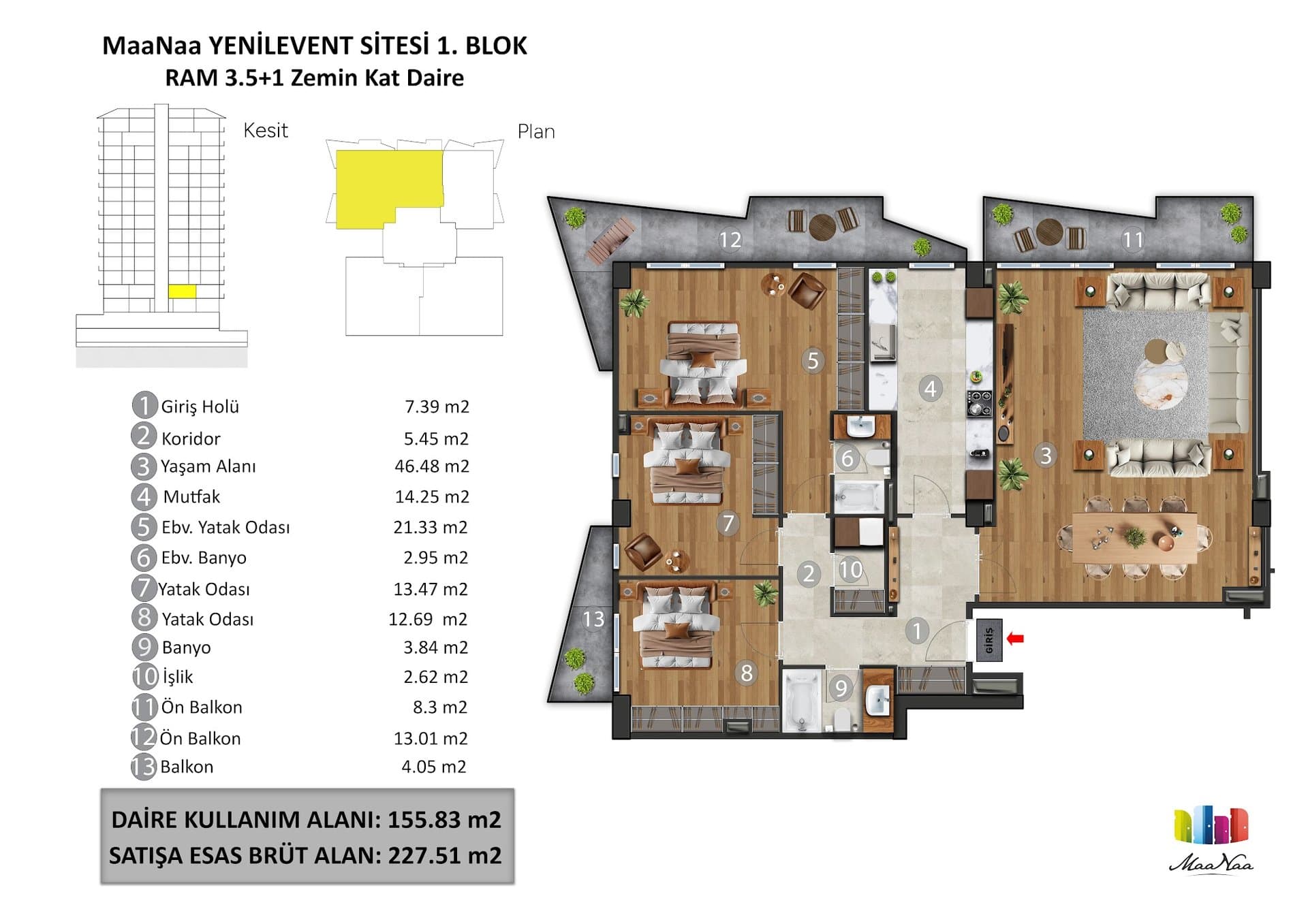 MaaNaa Levent Project – 3.5+1 Ground Floor, Block 1 floor plan
