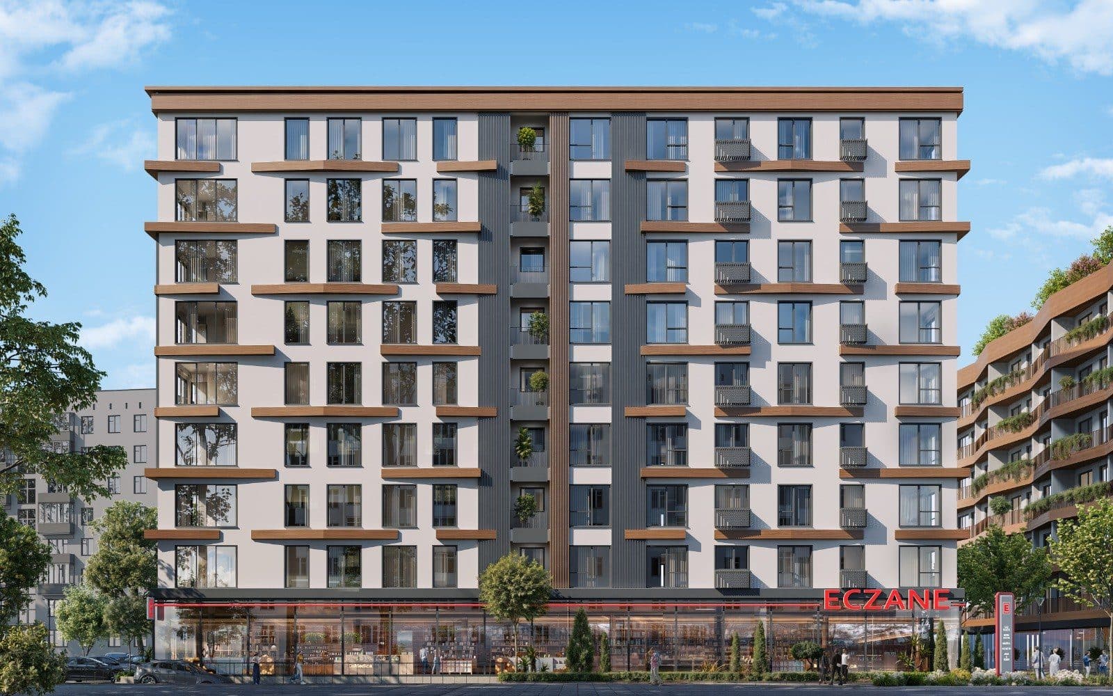 Front elevation rendering of Park Apartman: eight residential floors of white facade with wood-look ledges above a glass-fronted pharmacy on the ground floor