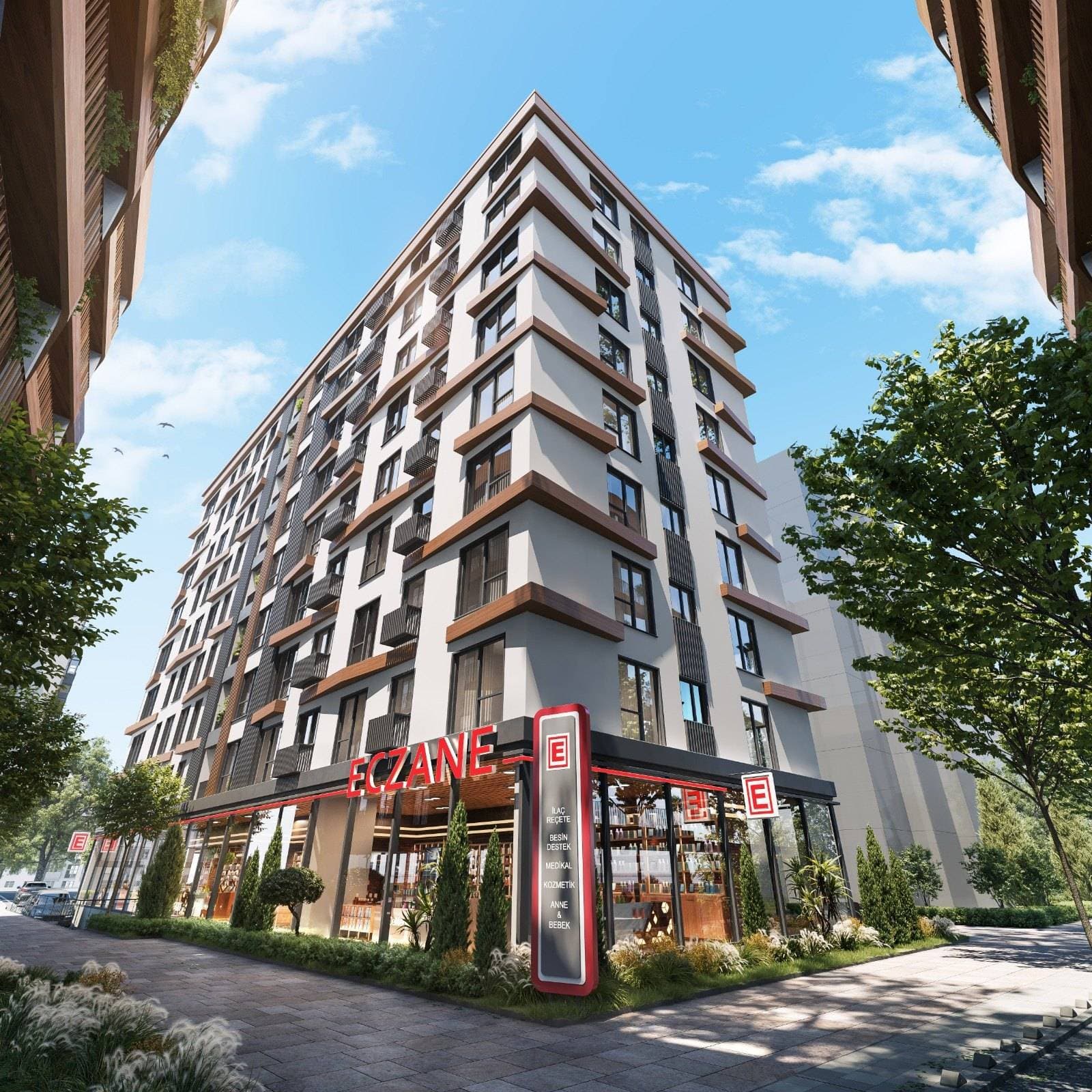 Low-angle rendering of the Park Apartman corner, with layered wood-look ledges rising above a pharmacy with a red sign and planted borders along the pavement