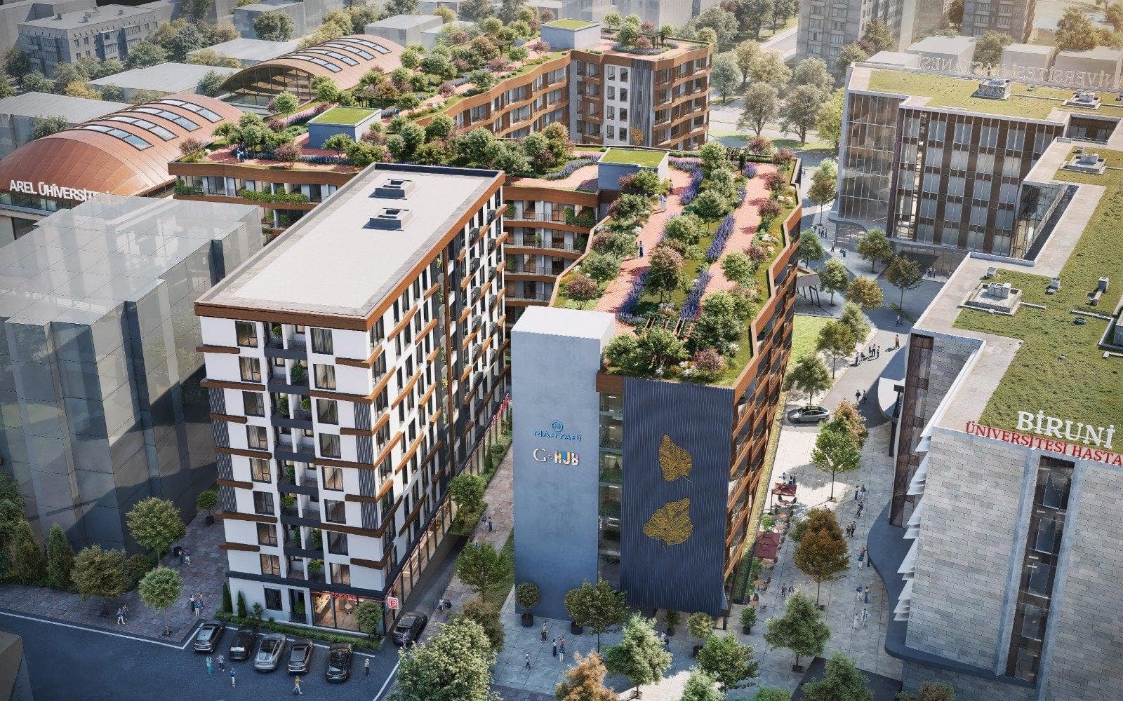 Aerial rendering of Park Apartman beside the G Hub complex and its roof gardens, with Biruni University Hospital on the right and Arel University behind