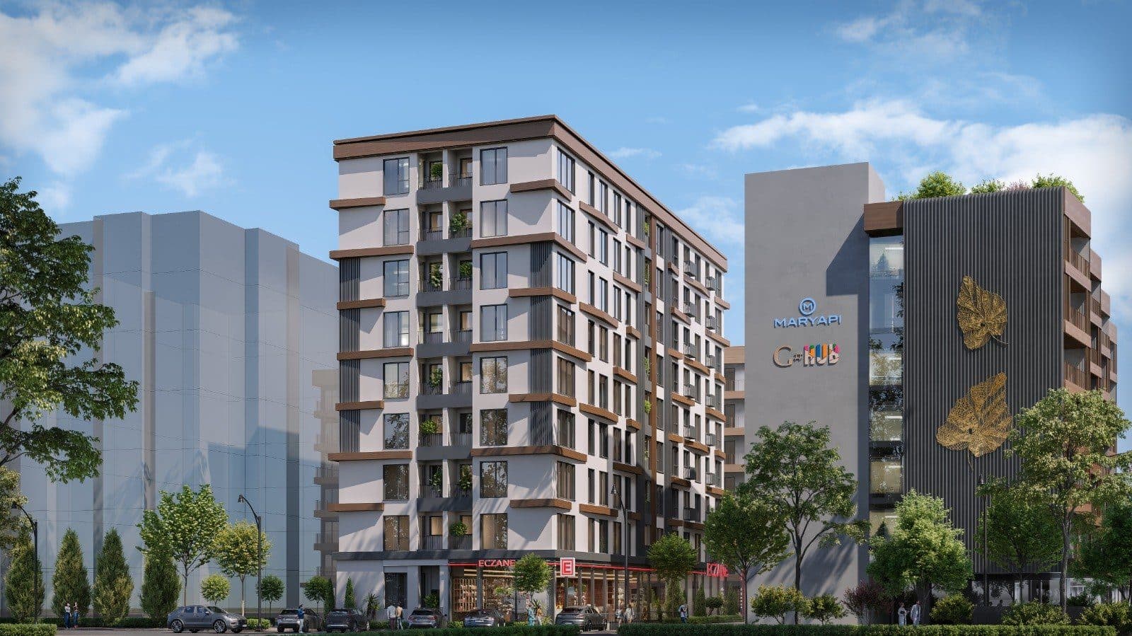 Street-level rendering of Park Apartman next to the dark G Hub tower with the Maryapi and G Hub signs, with trees along the pavement