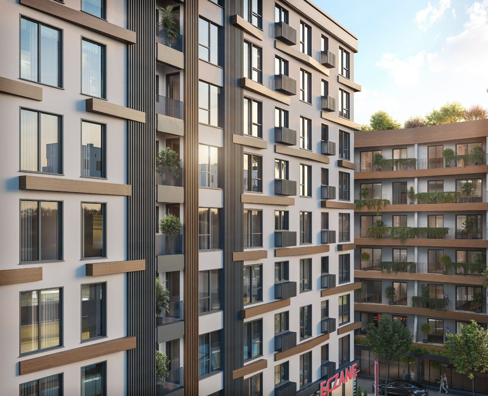 Close-up rendering of the Park Apartman facade with wood-look window ledges, small balconies and dark vertical panels, and the planted balconies of G Hub on the right
