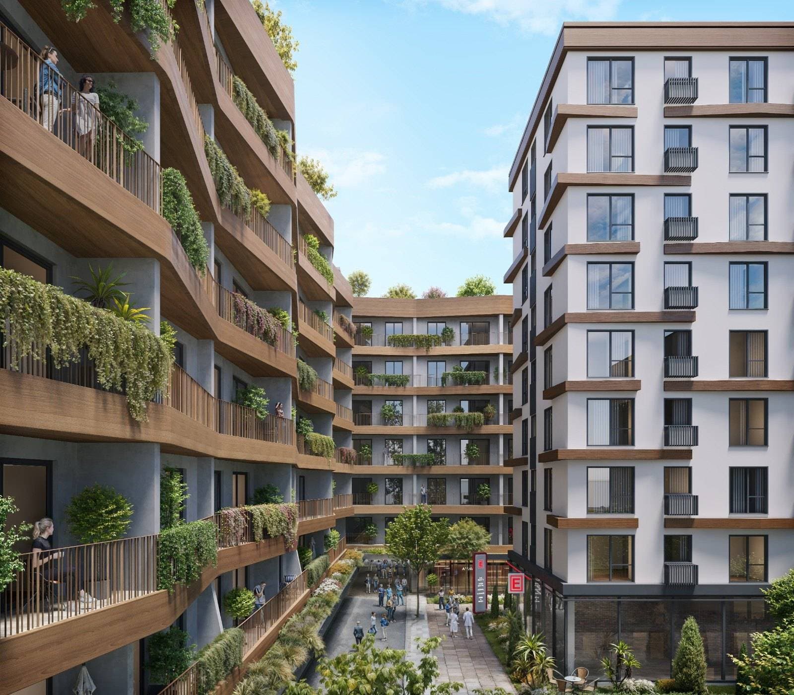 Rendering of the landscaped pedestrian passage between Park Apartman, on the right, and the planted wooden balconies of G Hub, on the left