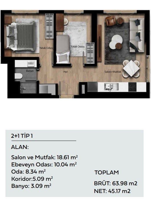Park Apartman Project – 2+1 Type 1 floor plan