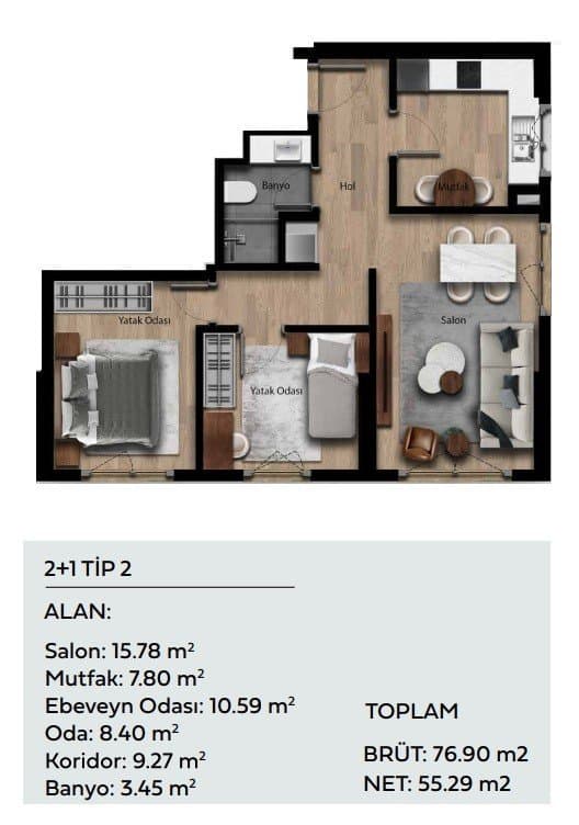 Park Apartman Project – 2+1 Type 2 floor plan
