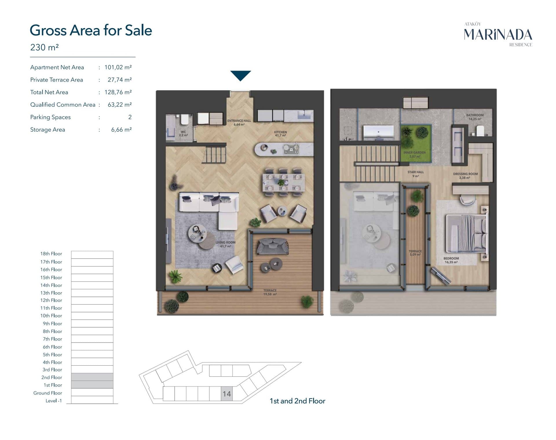 Atakoy Marinada Residence Project – 1+1 Duplex floor plan