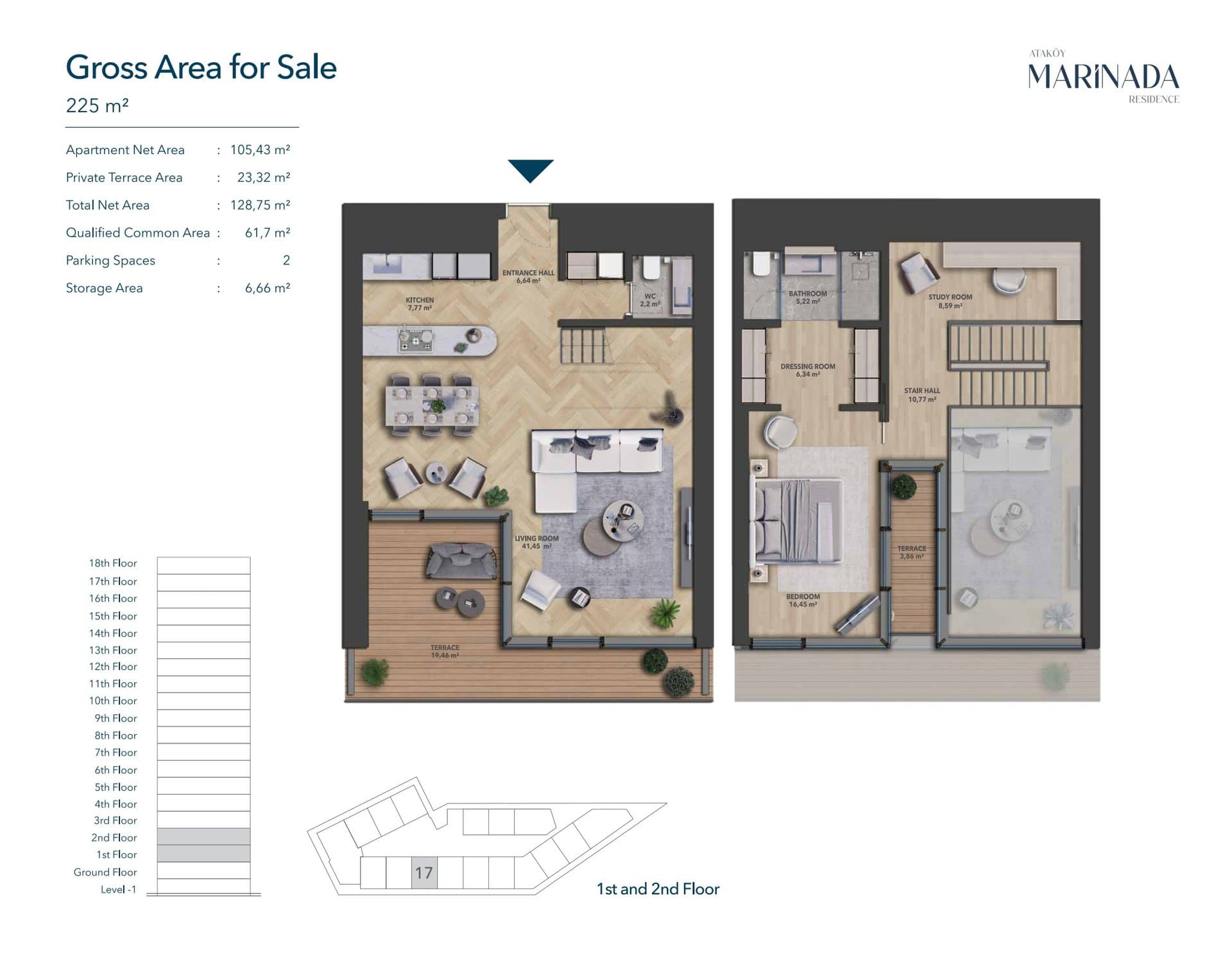 Atakoy Marinada Residence Project – 1.5+1 Duplex floor plan