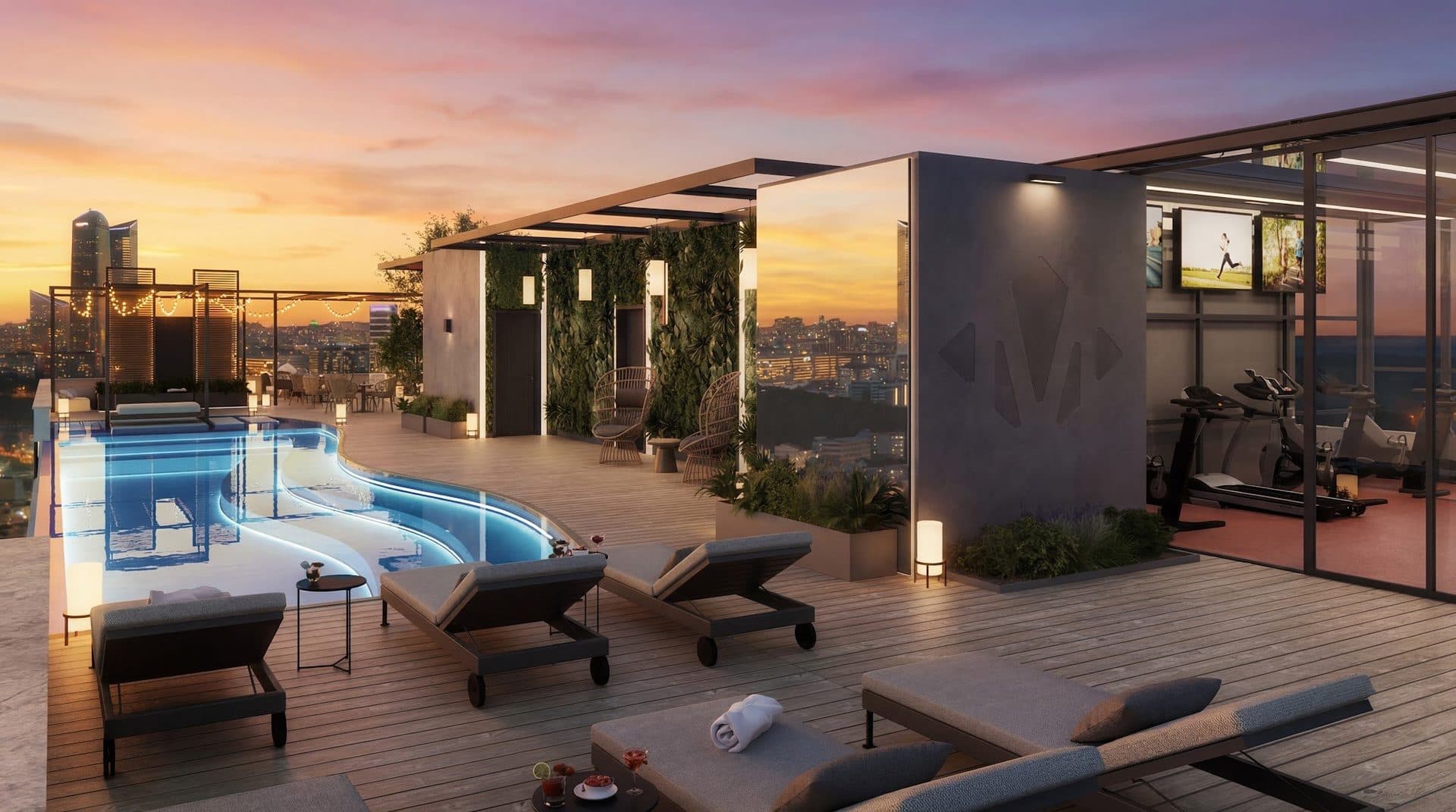 Rendering of the rooftop pool deck with sun loungers, a green wall and a glass-walled gym, the skyline glowing at dusk