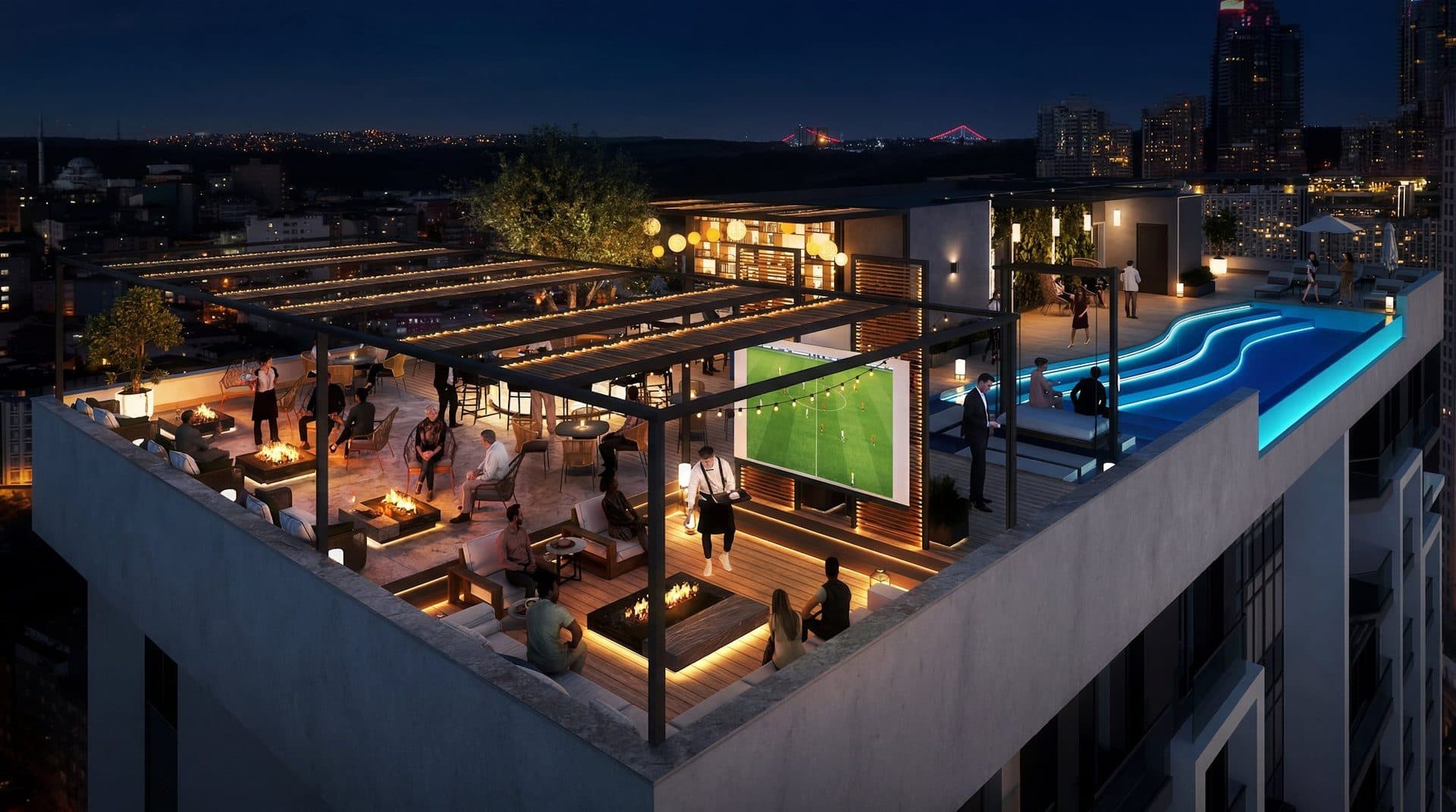 Aerial night rendering of the roof terrace with a pergola lounge, fire pits, a large screen and a lit infinity pool along the edge