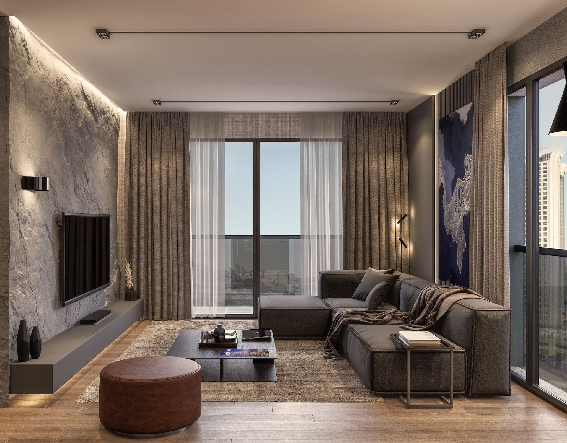 Rendering of a living room with a gray corner sofa, a textured stone TV wall and floor-to-ceiling windows onto a balcony