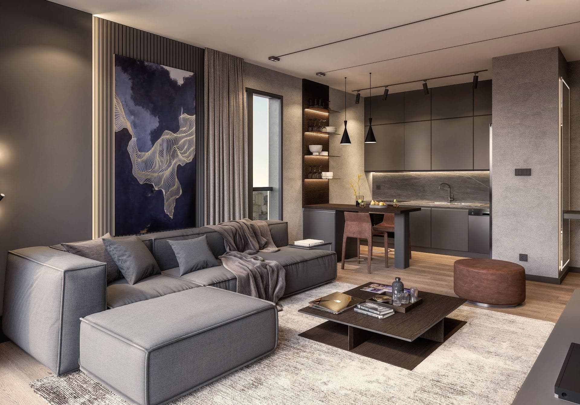 Rendering of a living area with a large sectional sofa and abstract artwork, with the kitchen and dining corner behind