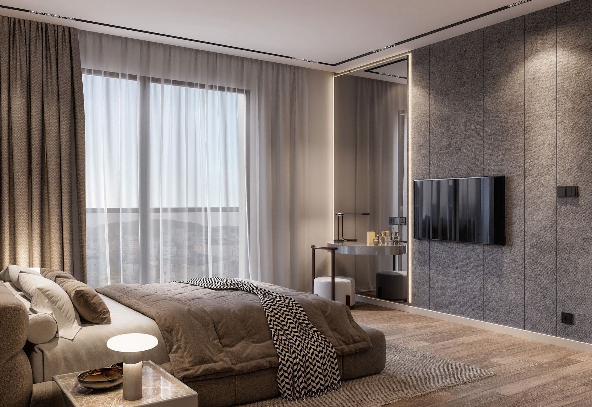 Rendering of a bedroom with a large upholstered bed, sheer curtains over a tall window and a dressing table beside a wall-mounted TV
