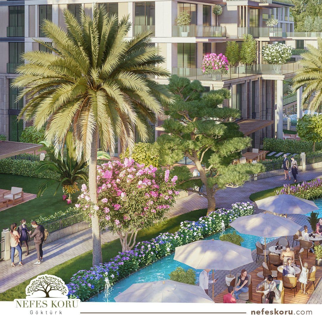 Rendered view of a promenade between the blocks with a water channel, a cafe terrace under umbrellas, palm trees and flowering shrubs