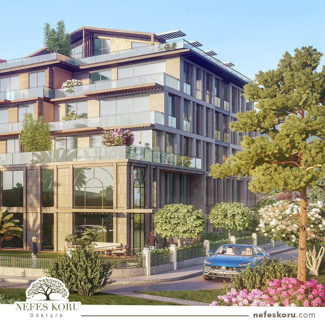 Rendered corner view of a block with tall arched ground-floor windows, stepped terraces with planting, a pine tree and a street in front