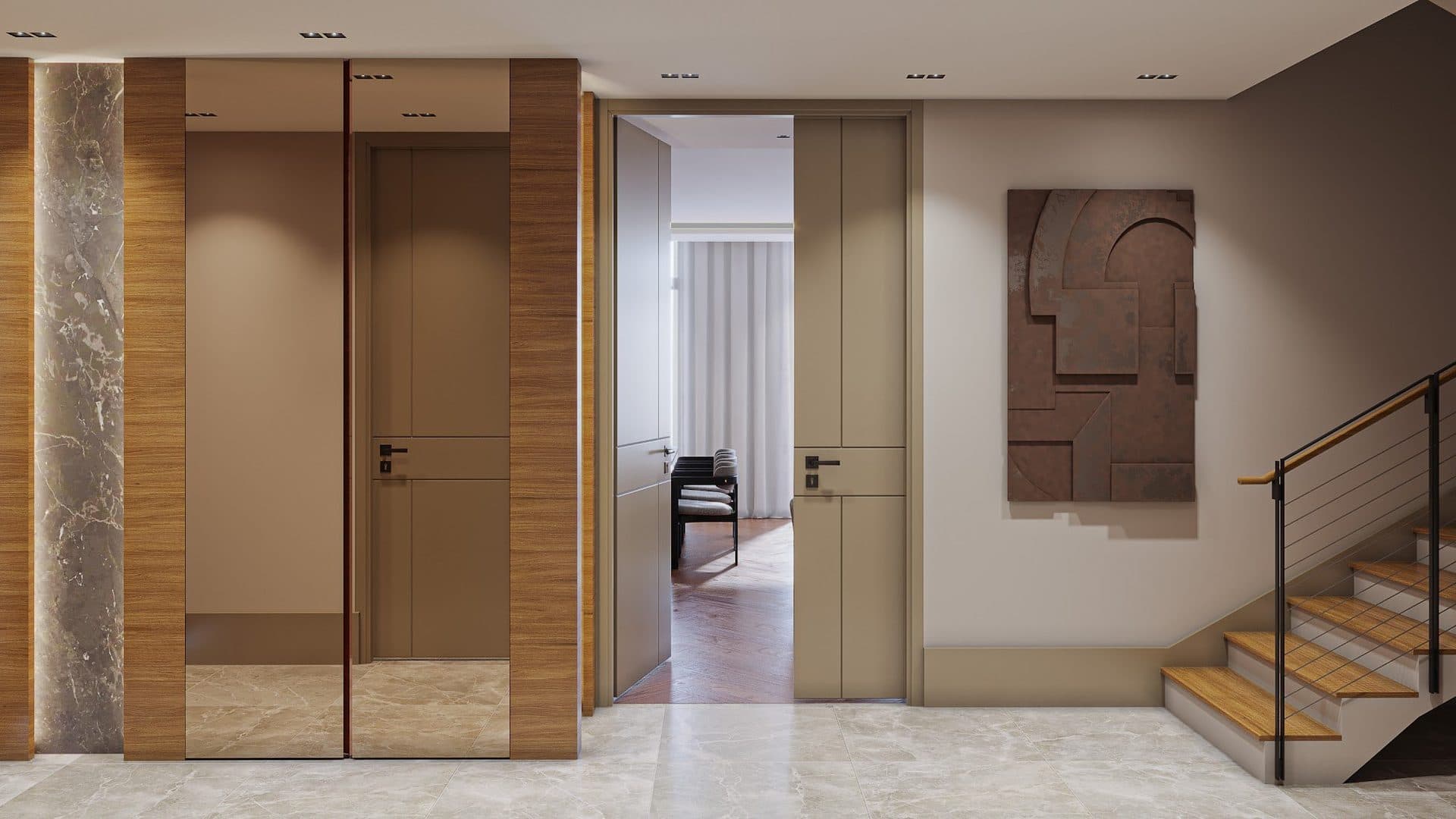 Rendered entrance hall of a sample duplex with a marble and wood-paneled wall, a mirrored wardrobe and a timber staircase