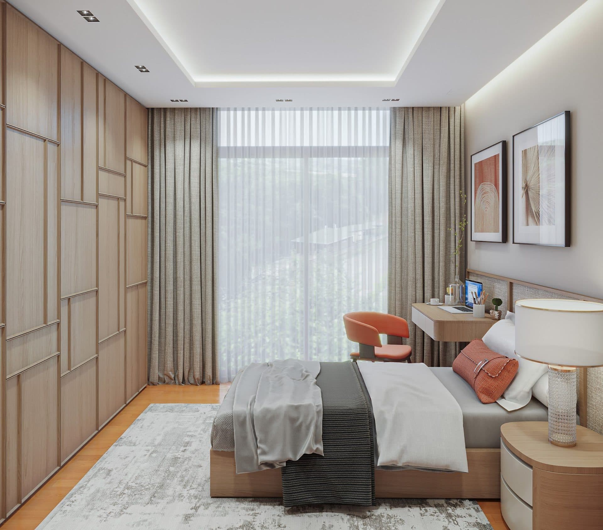 Rendered bedroom of the sample apartment with wood-paneled walls, a desk by a full-height window and a double bed