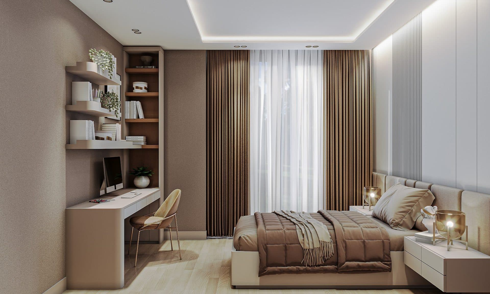 Rendered villa bedroom with a double bed, floating shelves, a desk and floor-length curtains