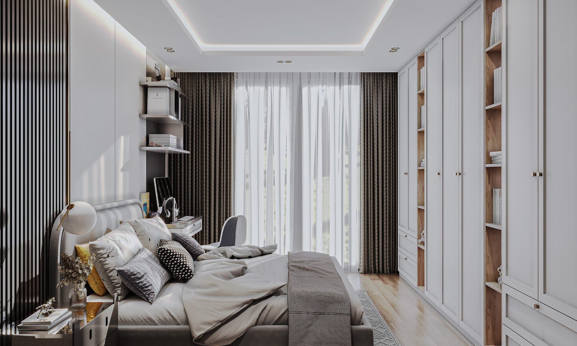 Rendered villa bedroom with a double bed, a slatted feature wall and a wall of built-in wardrobes
