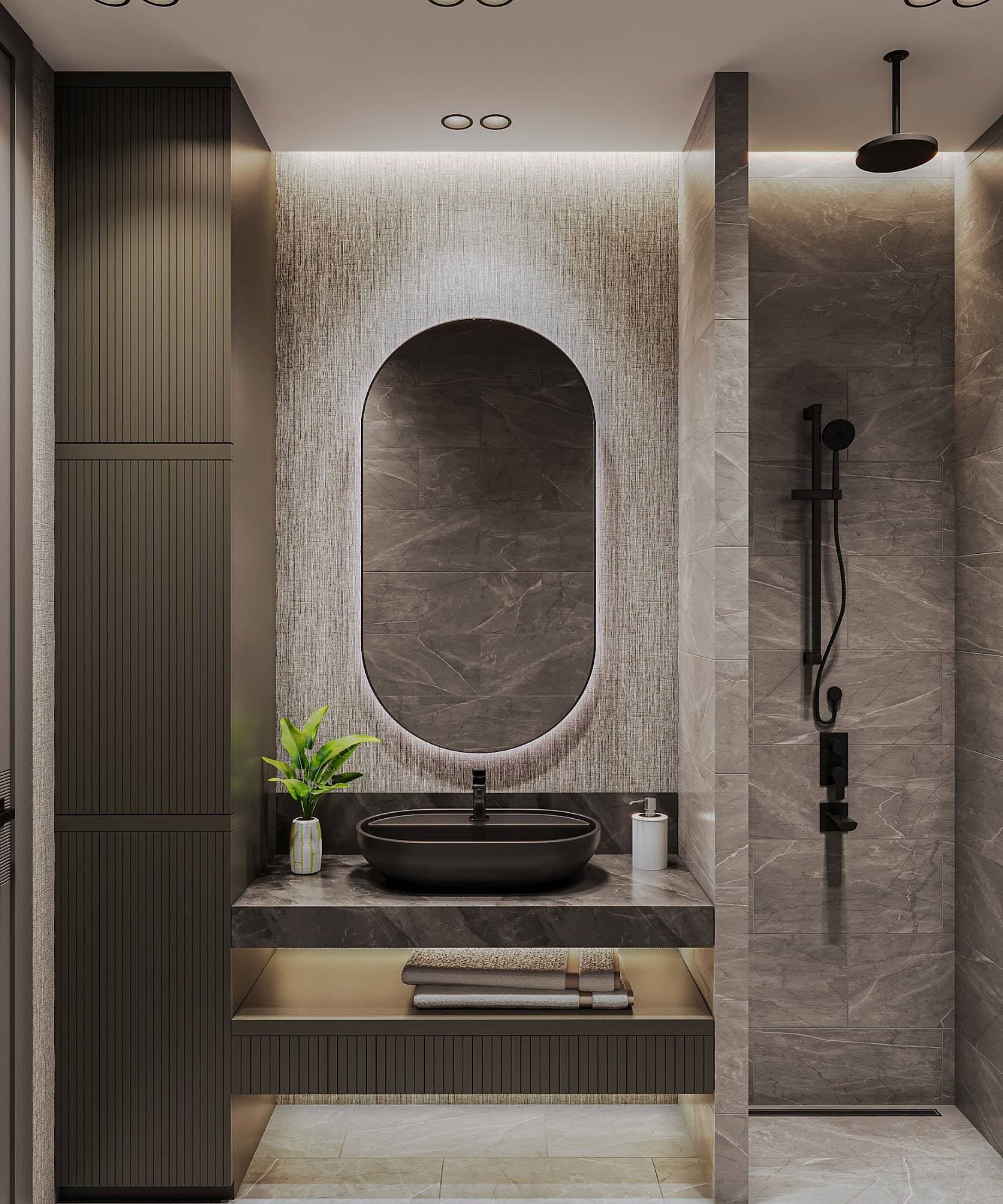 Rendered villa bathroom with dark stone tiles, a backlit oval mirror, a vessel basin and a walk-in shower