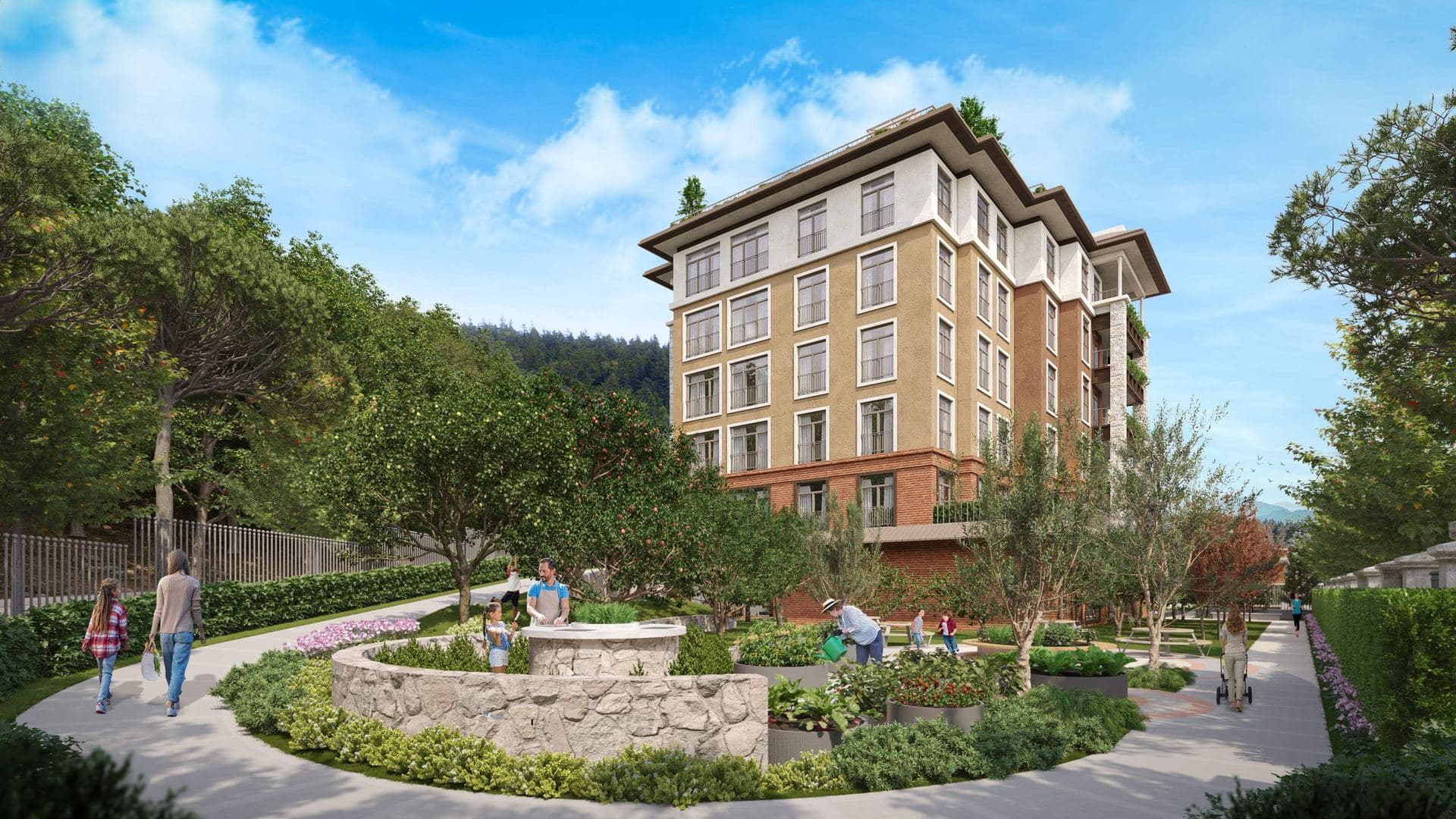 Residential block above a circular garden path with seating and planting