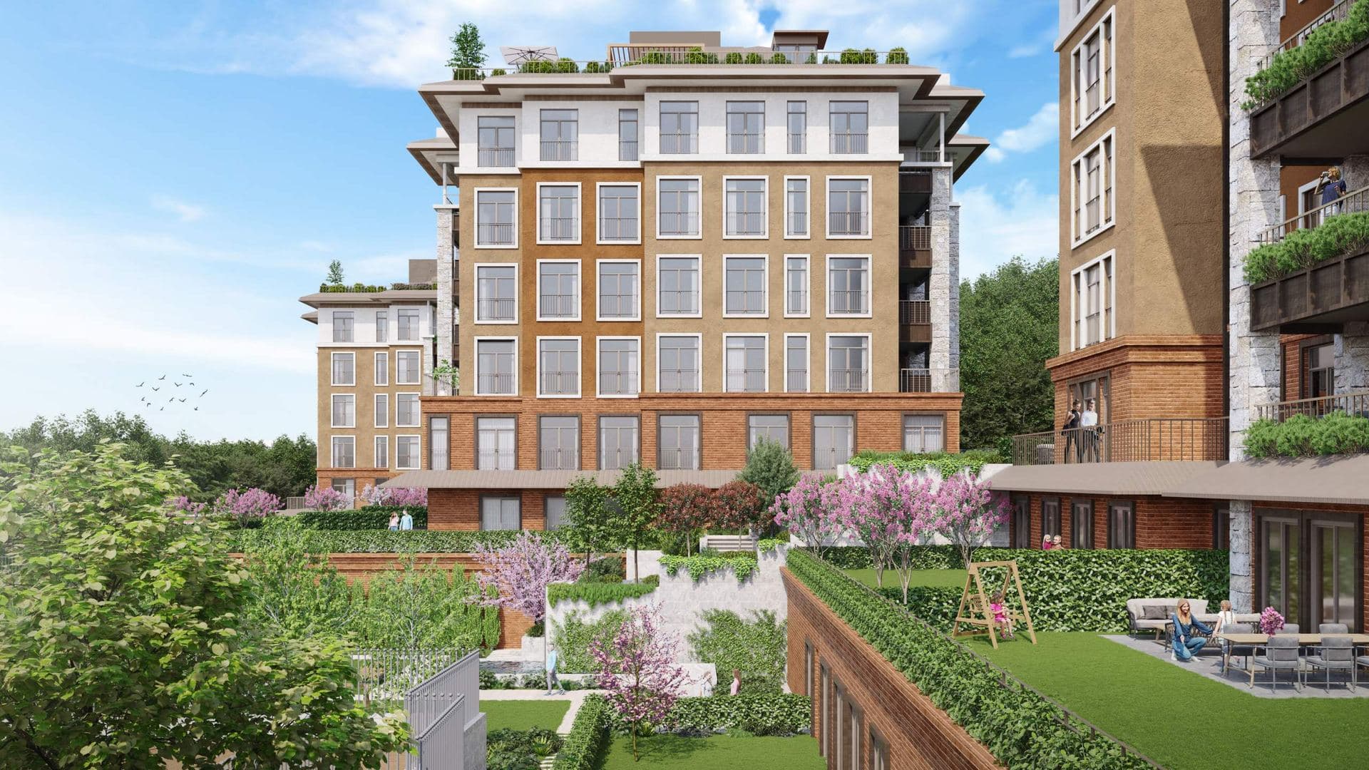 Block with garden terraces, lawns and flowering trees