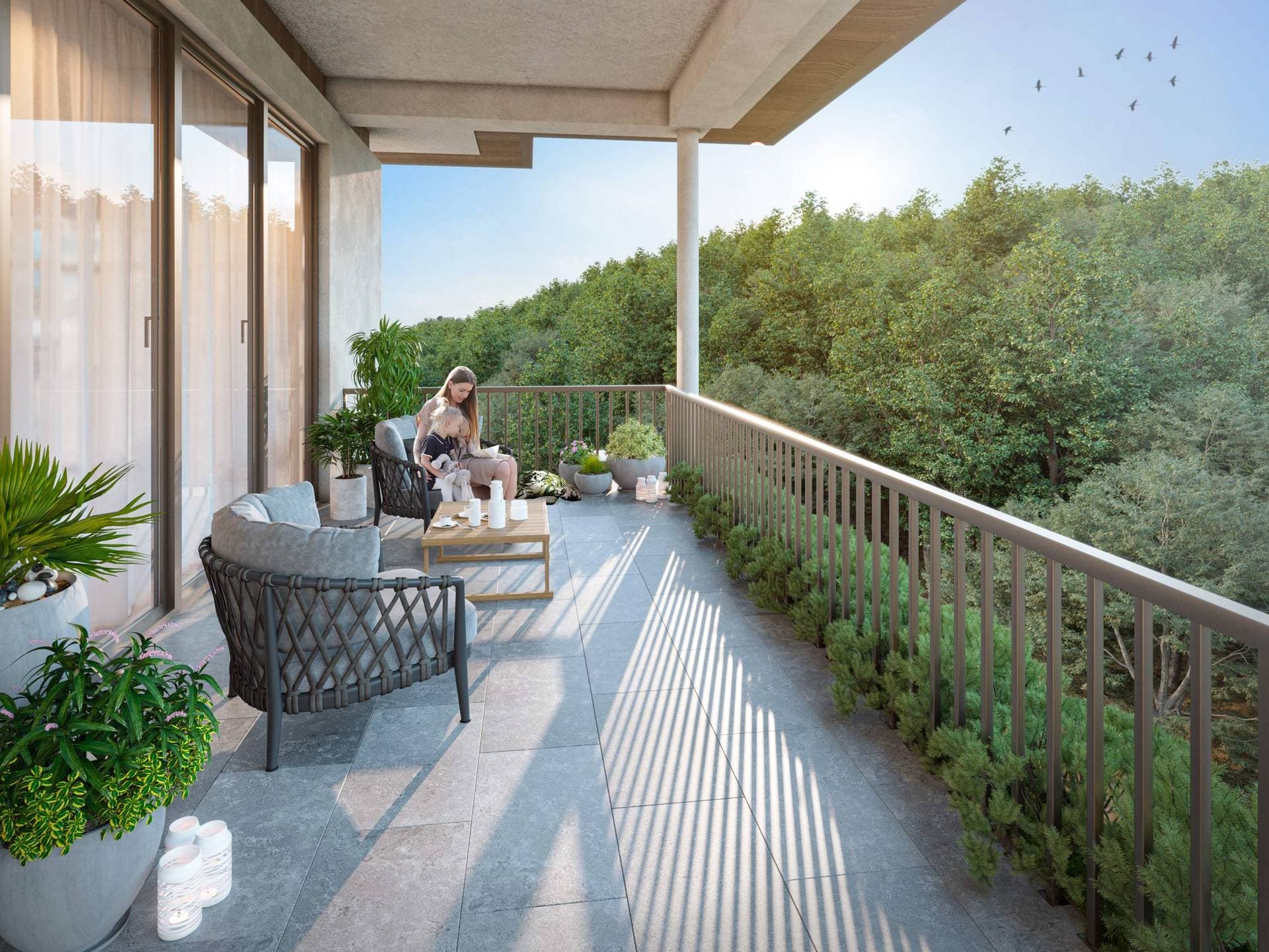 Balcony with armchairs overlooking the forest