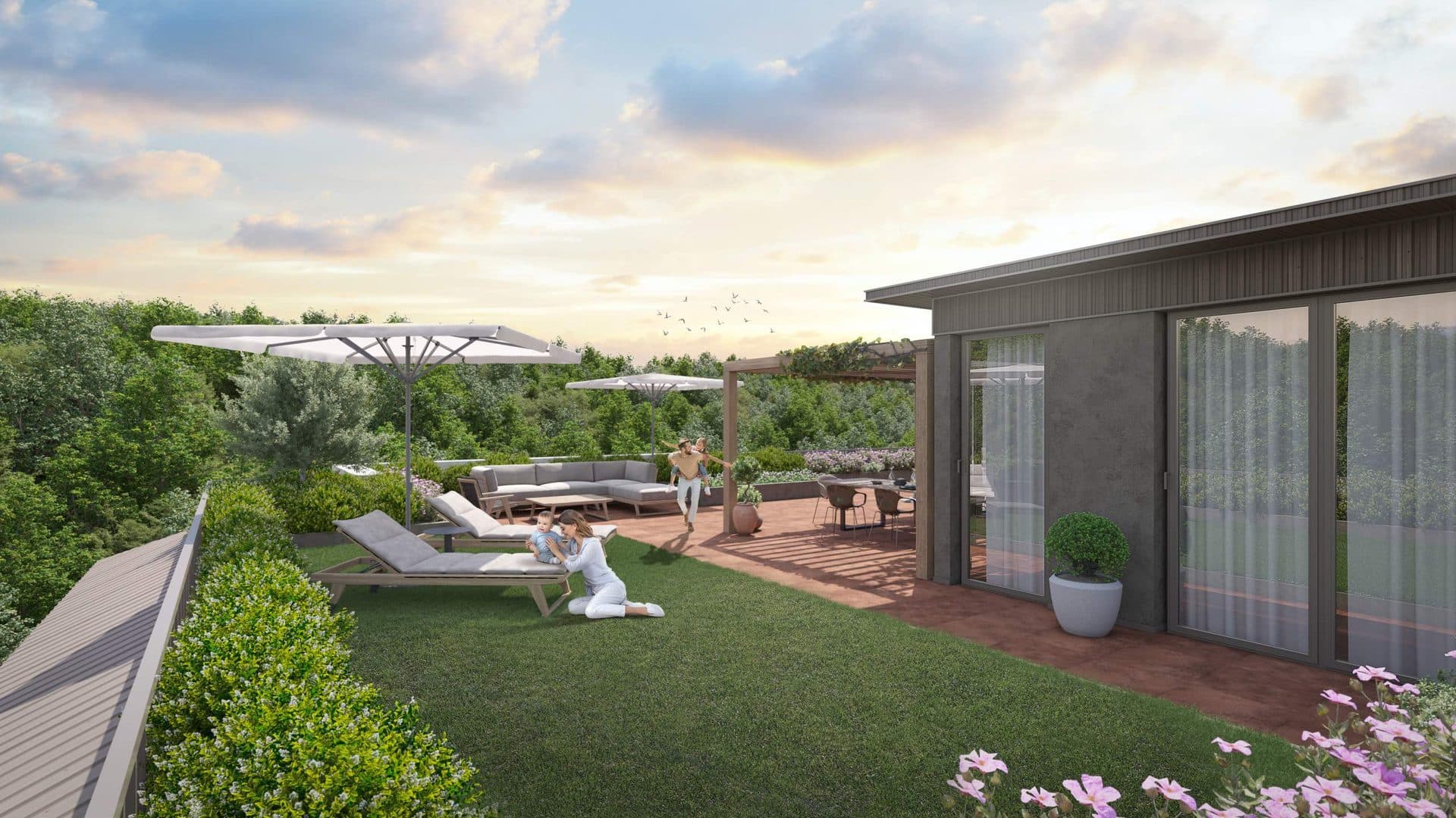 Roof terrace with lawn, sun loungers and umbrellas, trees in the background