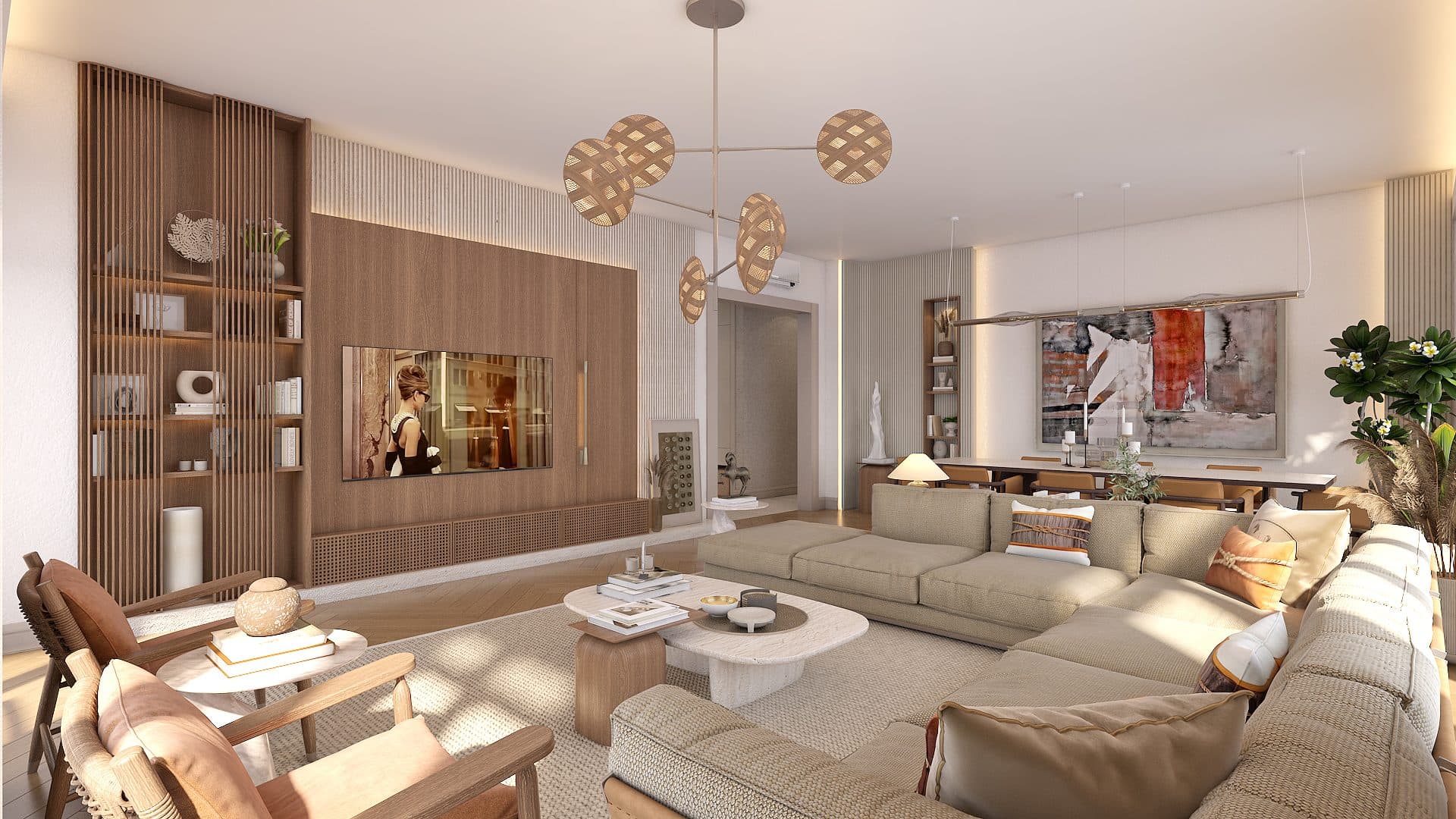 Living room with large sofas, a TV wall and big windows