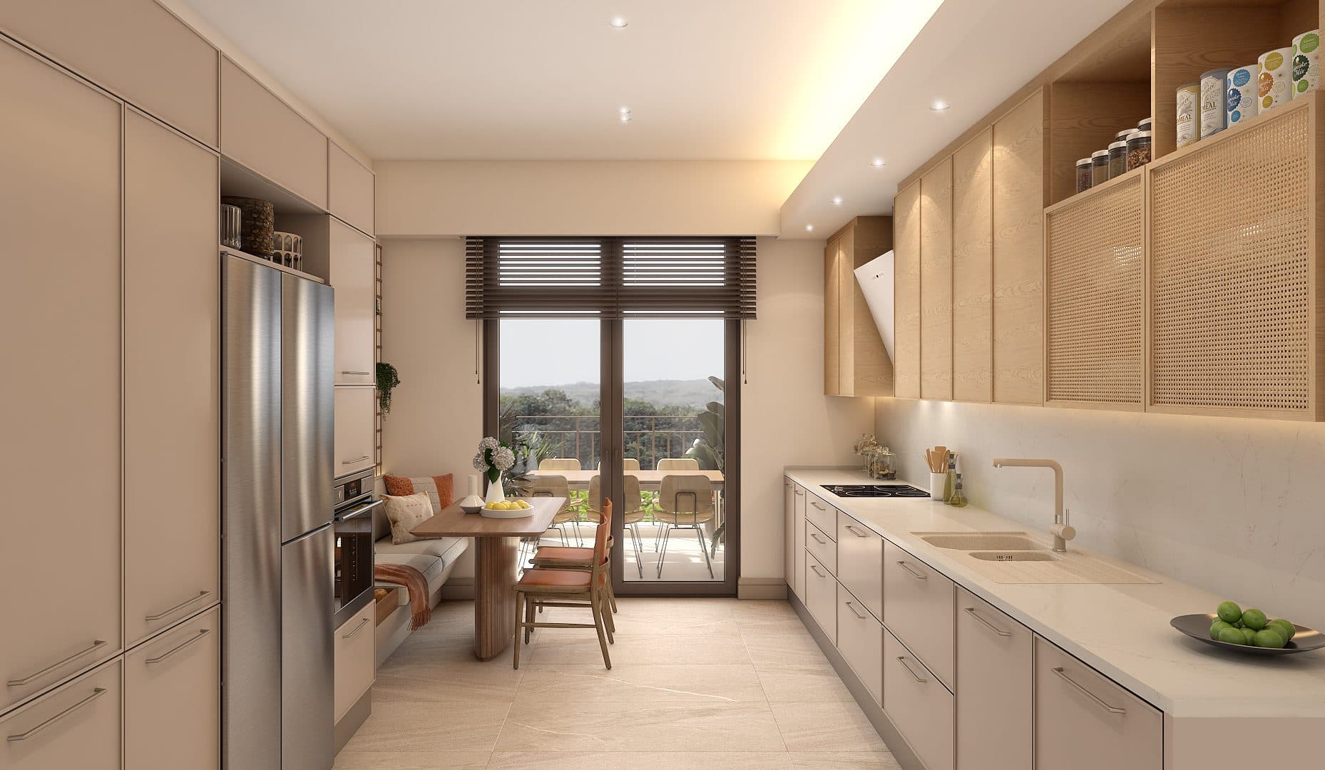 Kitchen with built-in units, a dining corner and a balcony door
