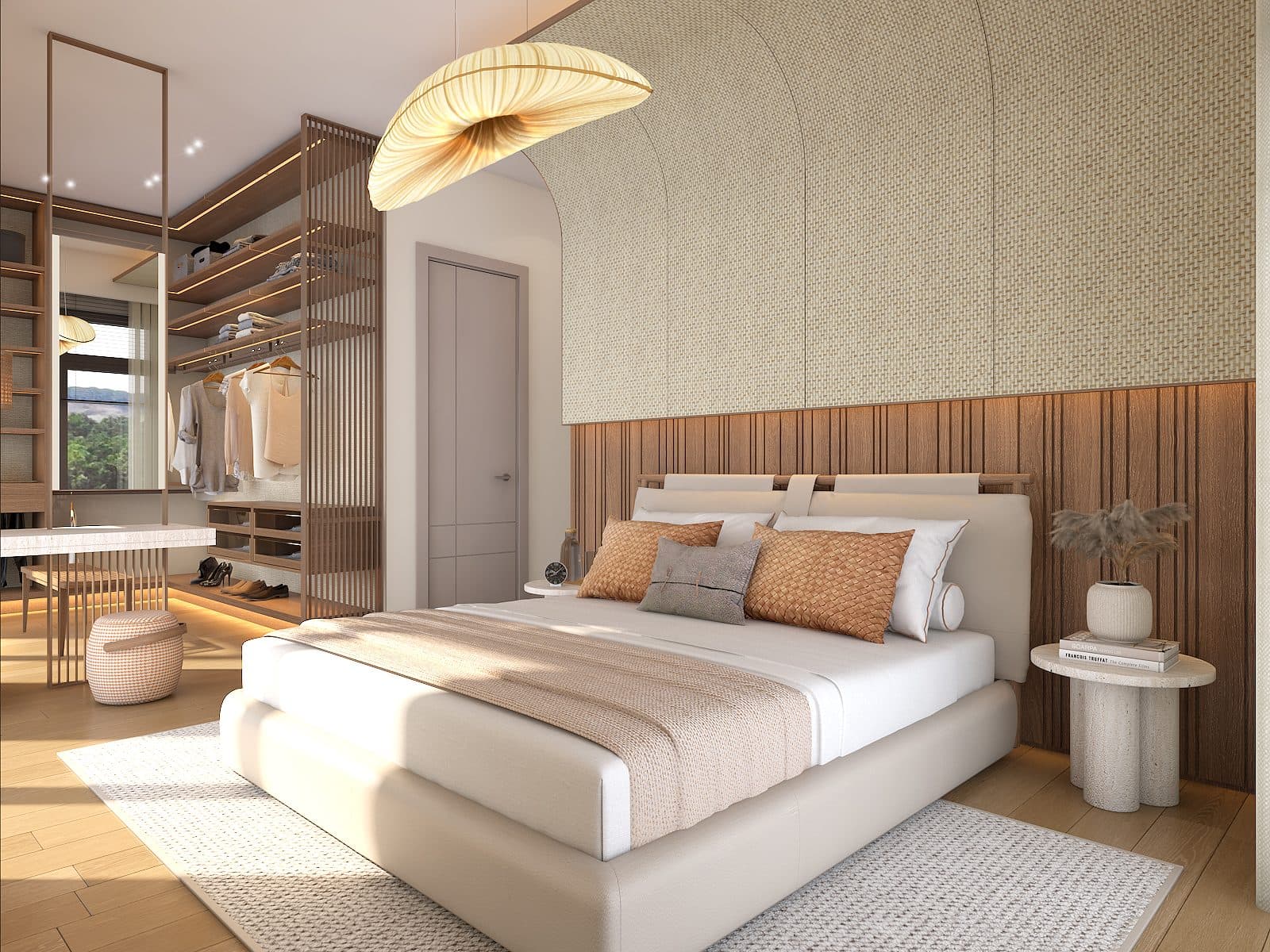 Main bedroom with a double bed and an open walk-in wardrobe