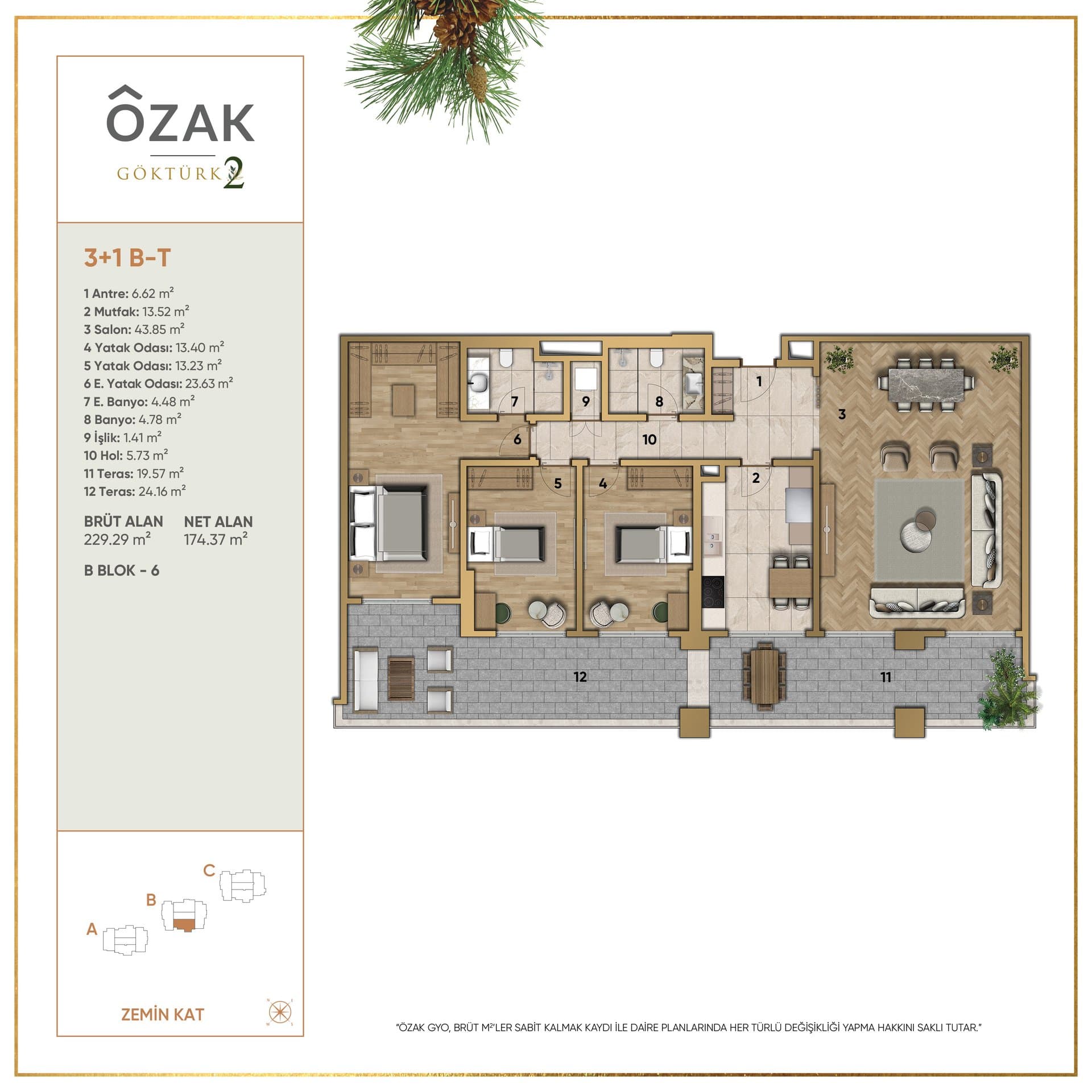 پروژه Ozak Doa Gokturk – پلان 3+1 B-T (B6)