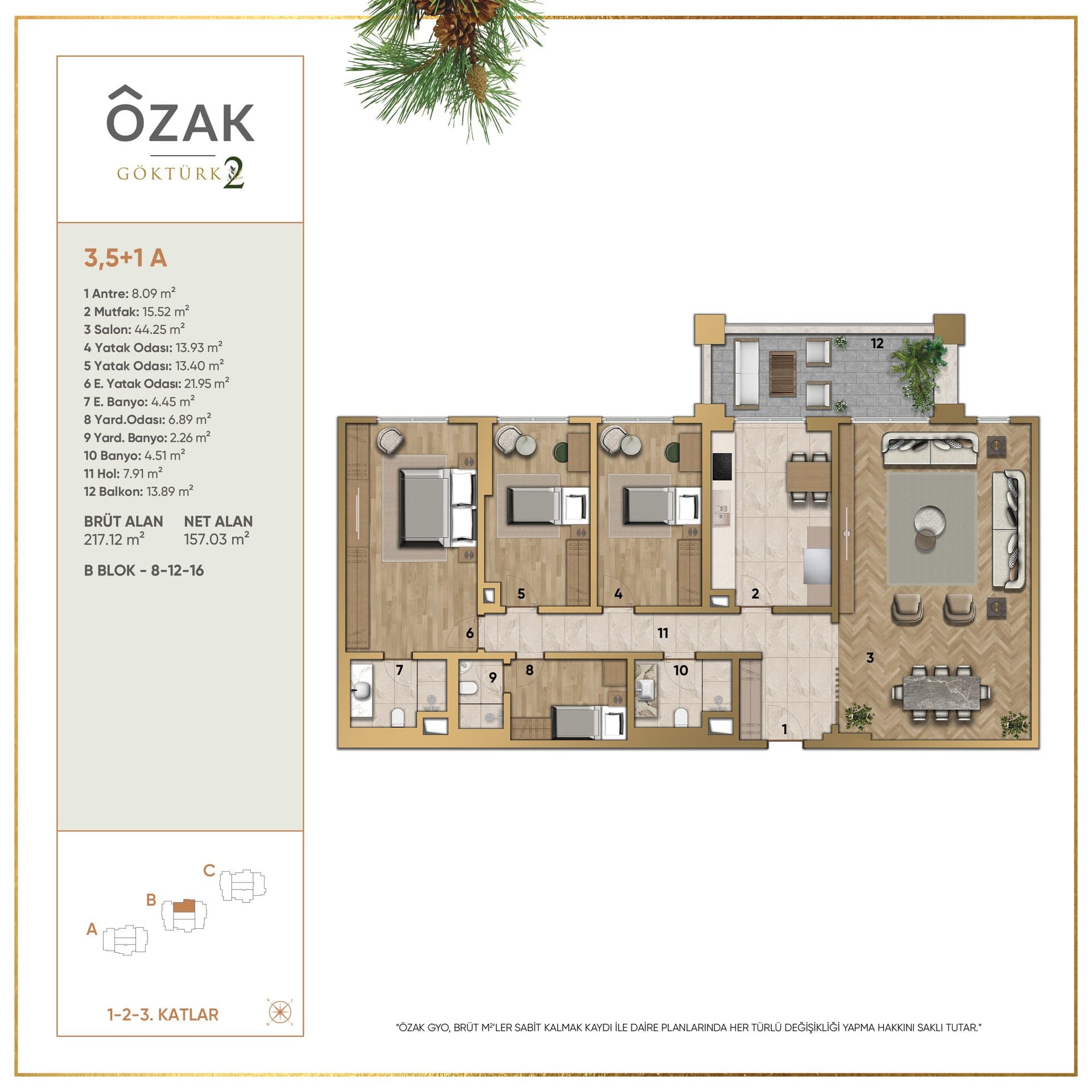 پروژه Ozak Doa Gokturk – پلان 3.5+1 A (B8-B12-B16)