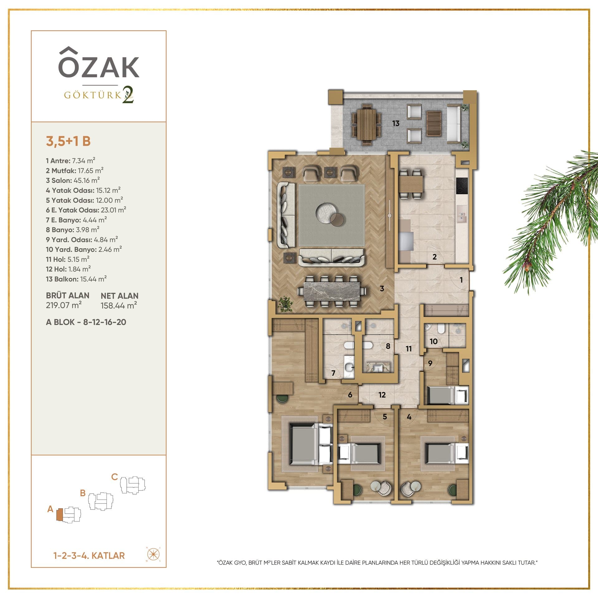 پروژه Ozak Doa Gokturk – پلان 3.5+1 B (A8-A12-A16-A20)