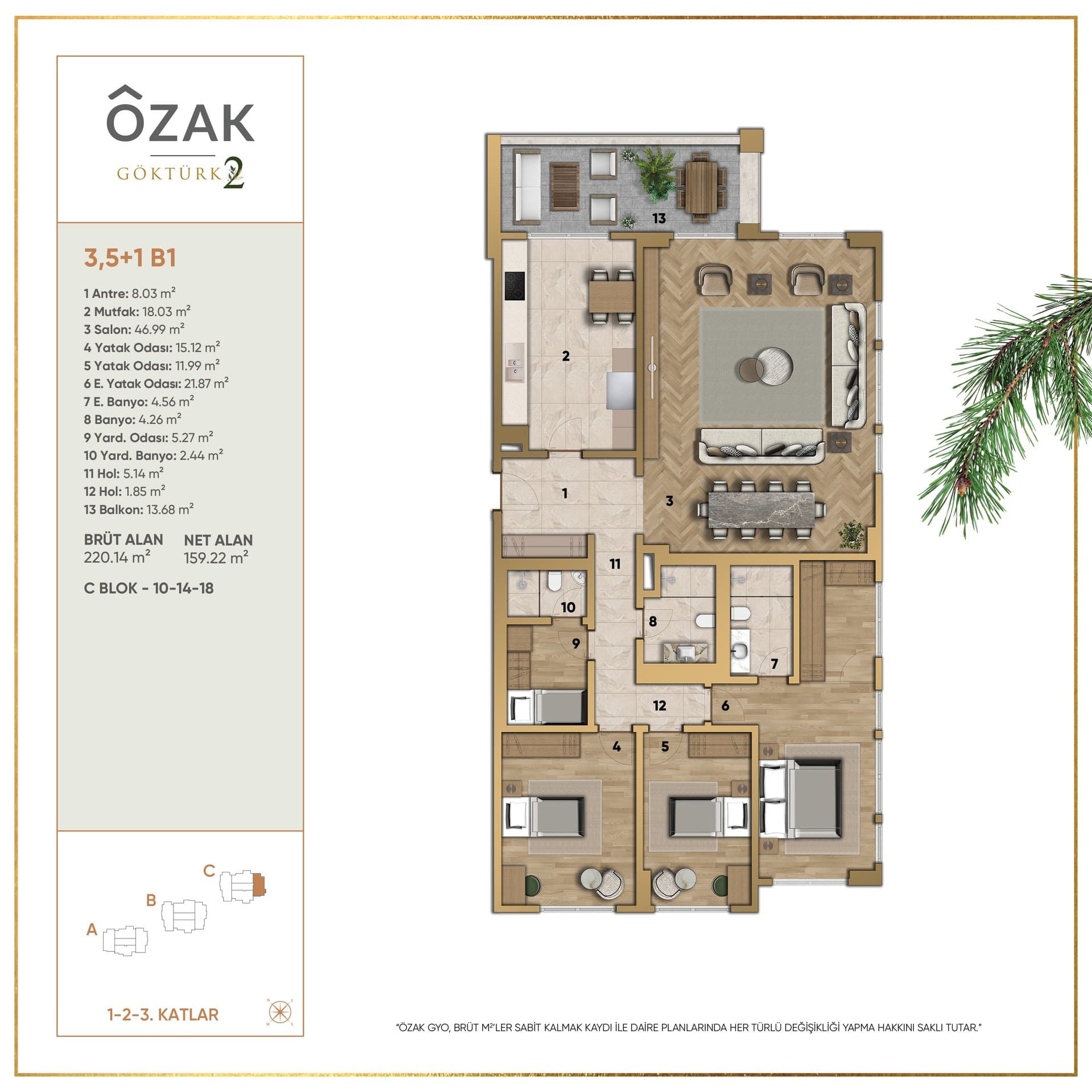 پروژه Ozak Doa Gokturk – پلان 3.5+1 B1 (C10-C14-C18)