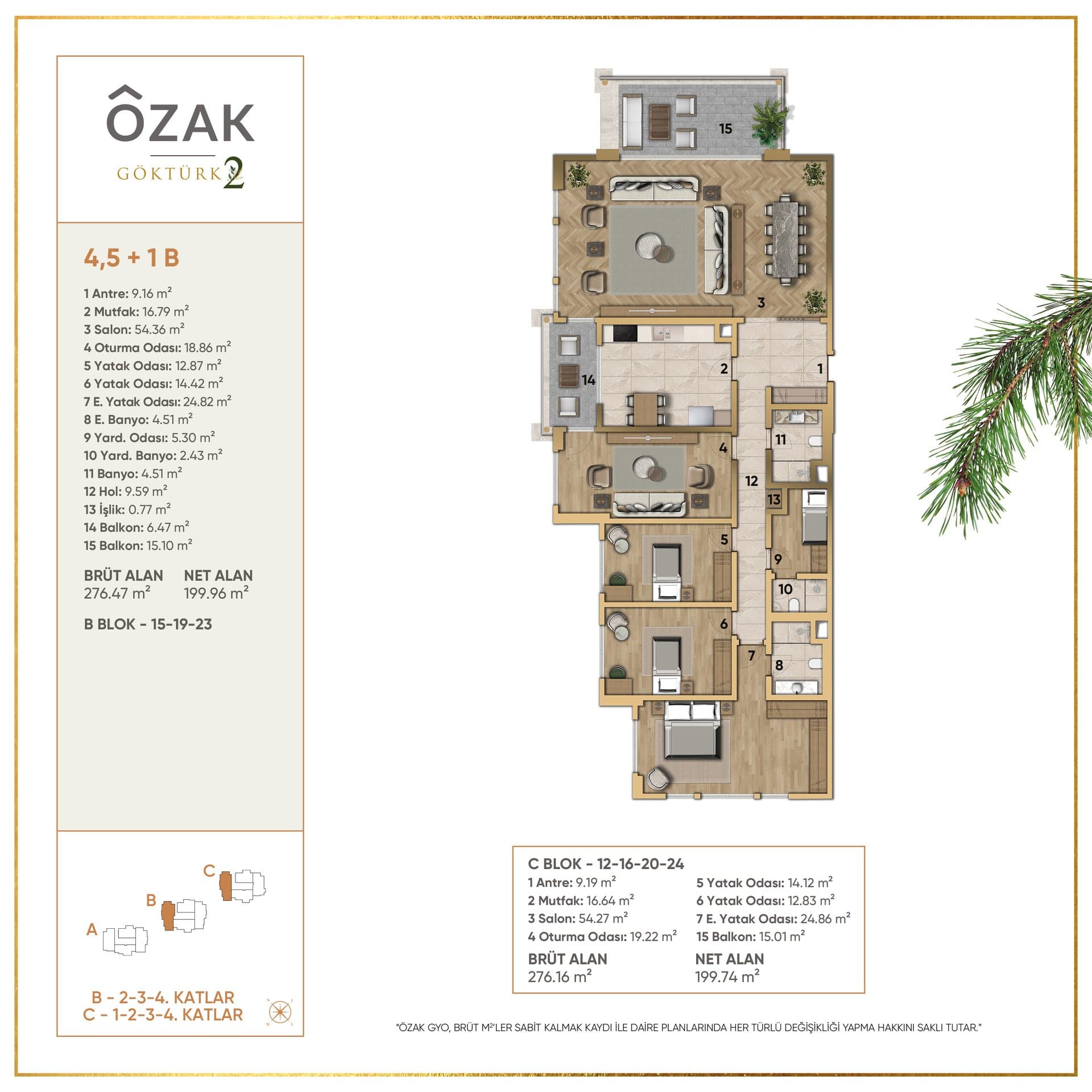 پروژه Ozak Doa Gokturk – پلان 4.5+1 B (B15-B19-B23-C12-C16-C20-C24)