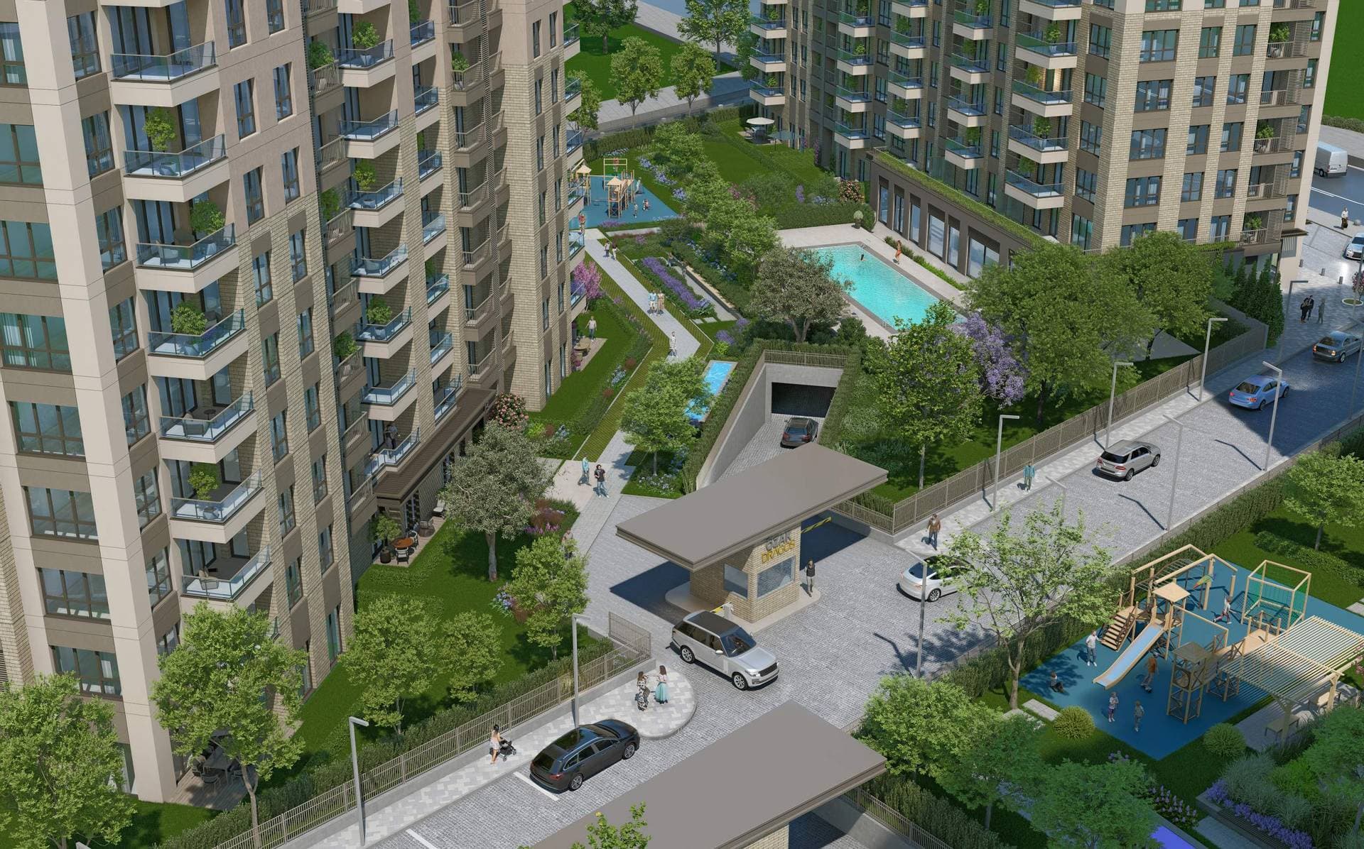 View from above of the gardens, pool and site entrance between the blocks