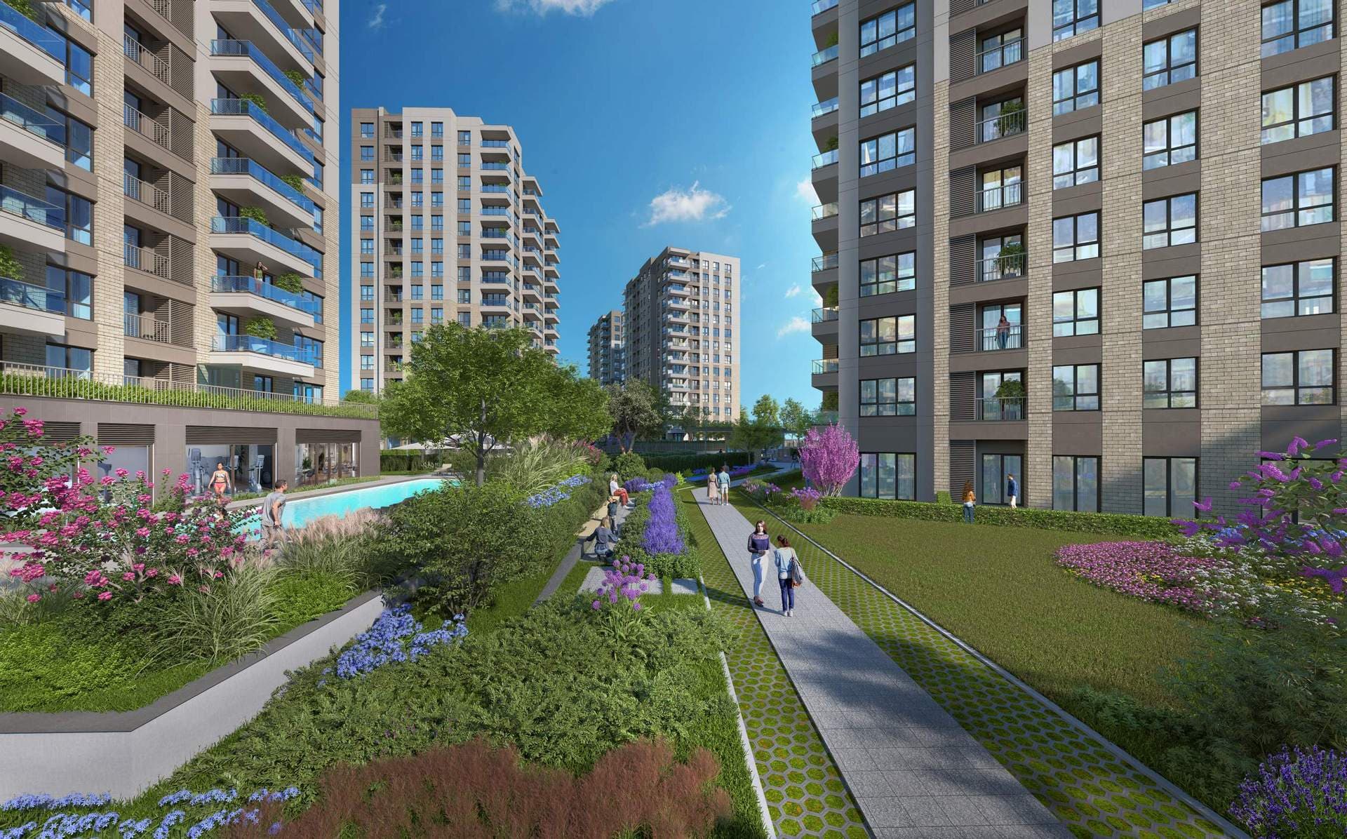 Garden walkway and outdoor pool between the residential blocks