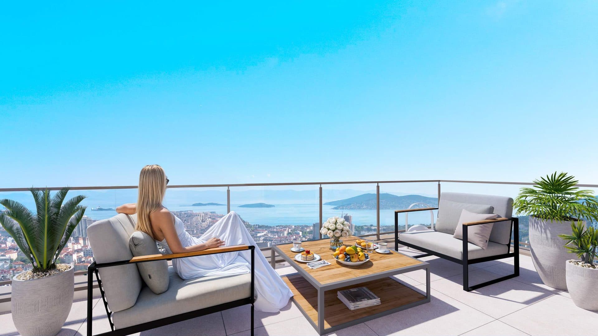 Terrace with outdoor seating overlooking the sea and the Princes' Islands