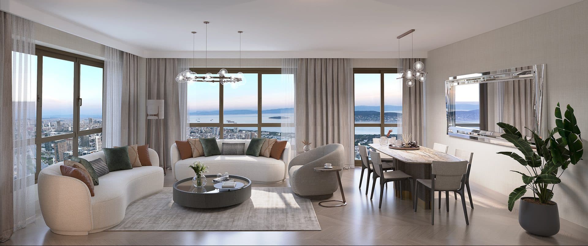 Living and dining room with large windows facing the sea