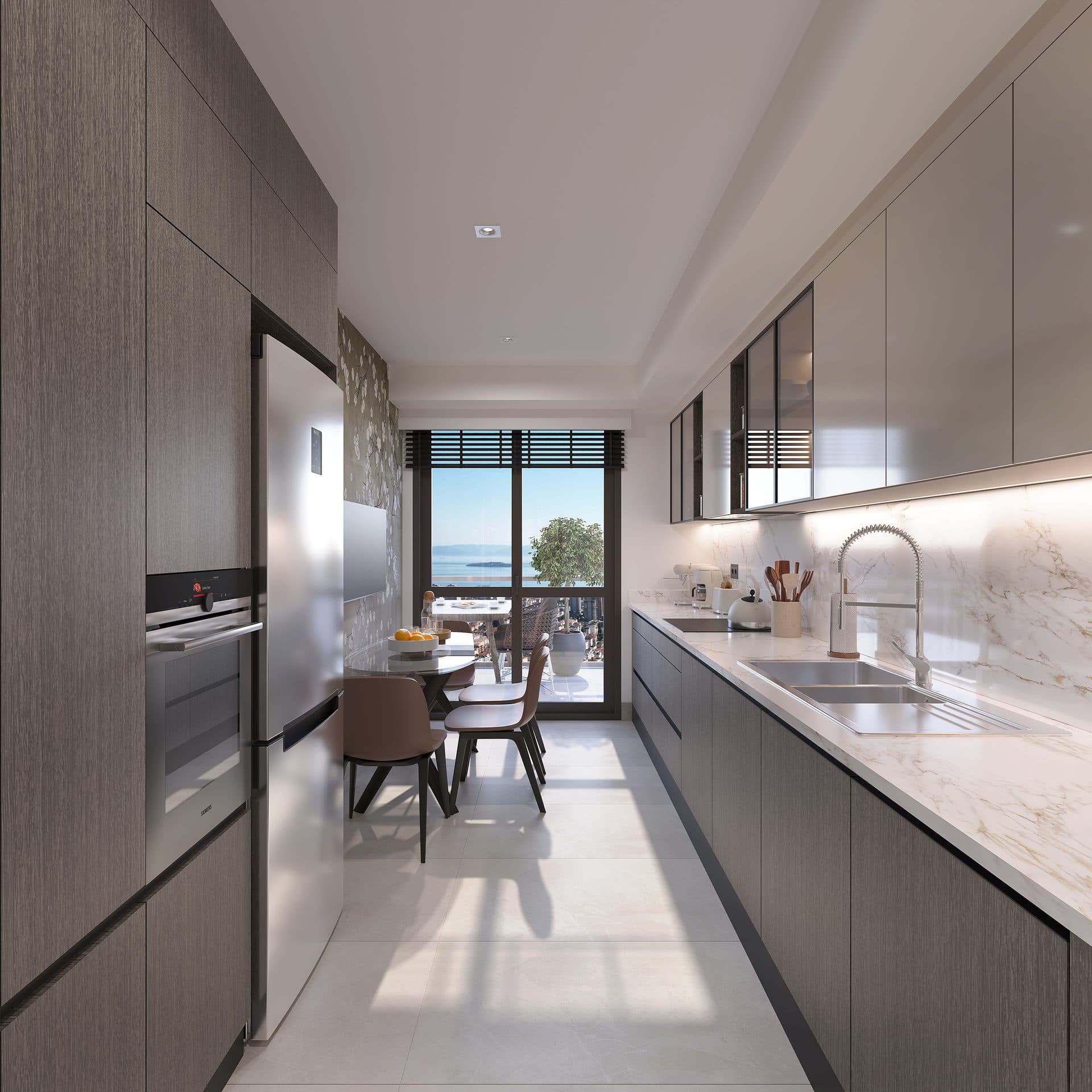 Kitchen with marble-look counters and a door to the balcony
